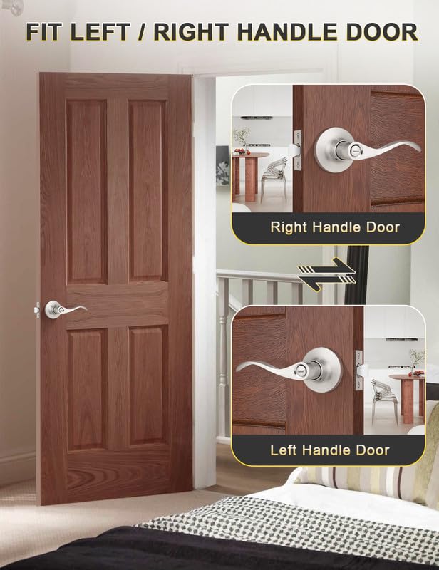 Mengico 10 Pack Satin Nickel Privacy Door Lever - Modern Interior Door Knobs & Locks for Bedroom, Bathroom & Closet - Heavy Duty Reversible Wave Lever Handle for Home, Office & Commercial Use