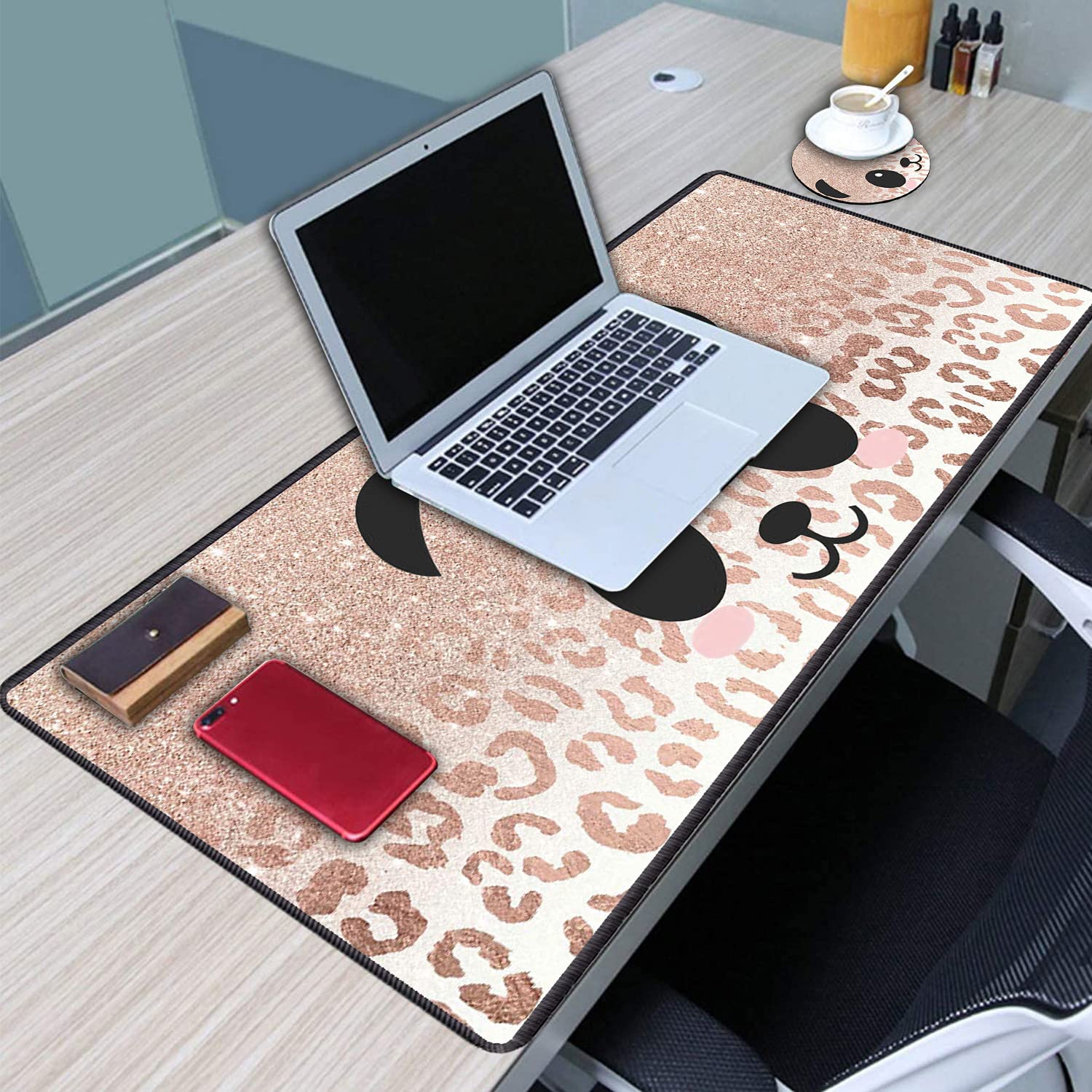 XXL Large Gaming Mouse Pad - Extended Ergonomic Computer Desk Mat with Non-Slip Rubber Base, Thick Keyboard Cover & Cup Coaster (Panda Face Leopard Star Design) - Perfect for Gaming, Office Work & Home Computer Setup