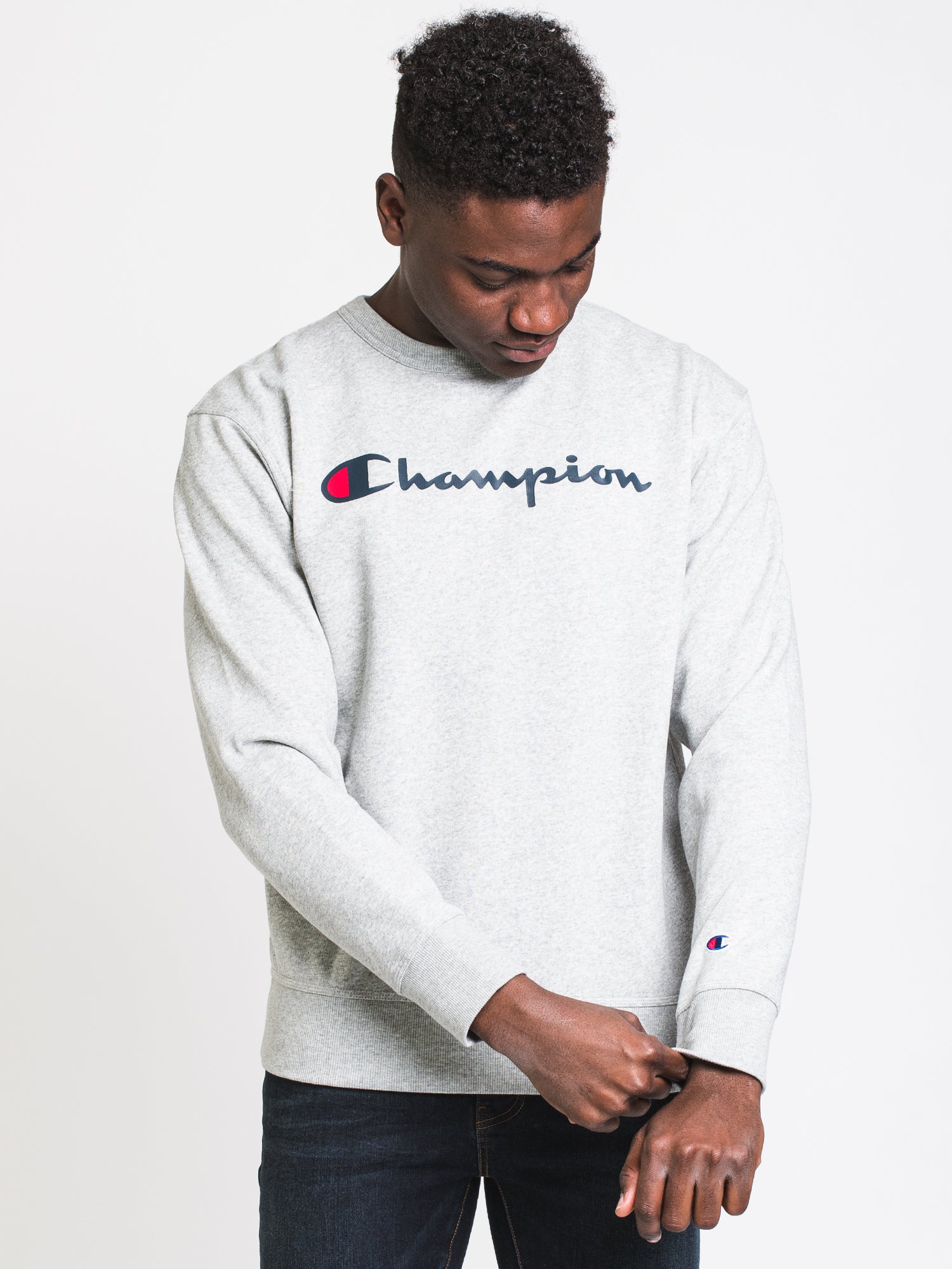 Champion Powerblend Graphic Crew Script Sweatshirt - Soft & Comfortable Pullover for Men & Women - Perfect for Casual Wear, Gym & Lounge