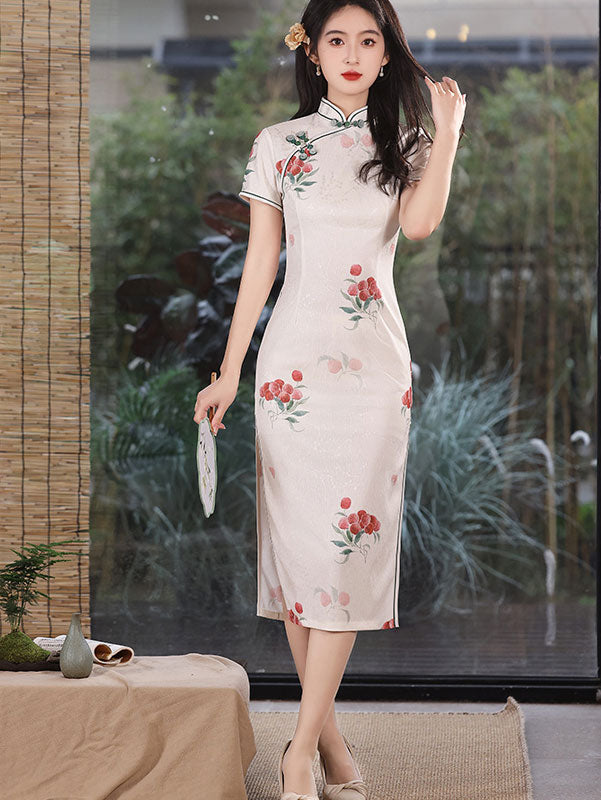 Elegant White Strawberry Print Midi Cheongsam Qipao Dress for Women - Vintage Floral Chinese Dress for Parties, Weddings & Special Occasions