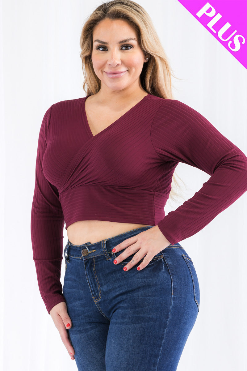 Plus Size Ribbed Wrap Front Long Sleeve T-Shirt for Women | Stretchy Comfort Fit Tops | Casual & Office Wear | Fall & Winter Fashion