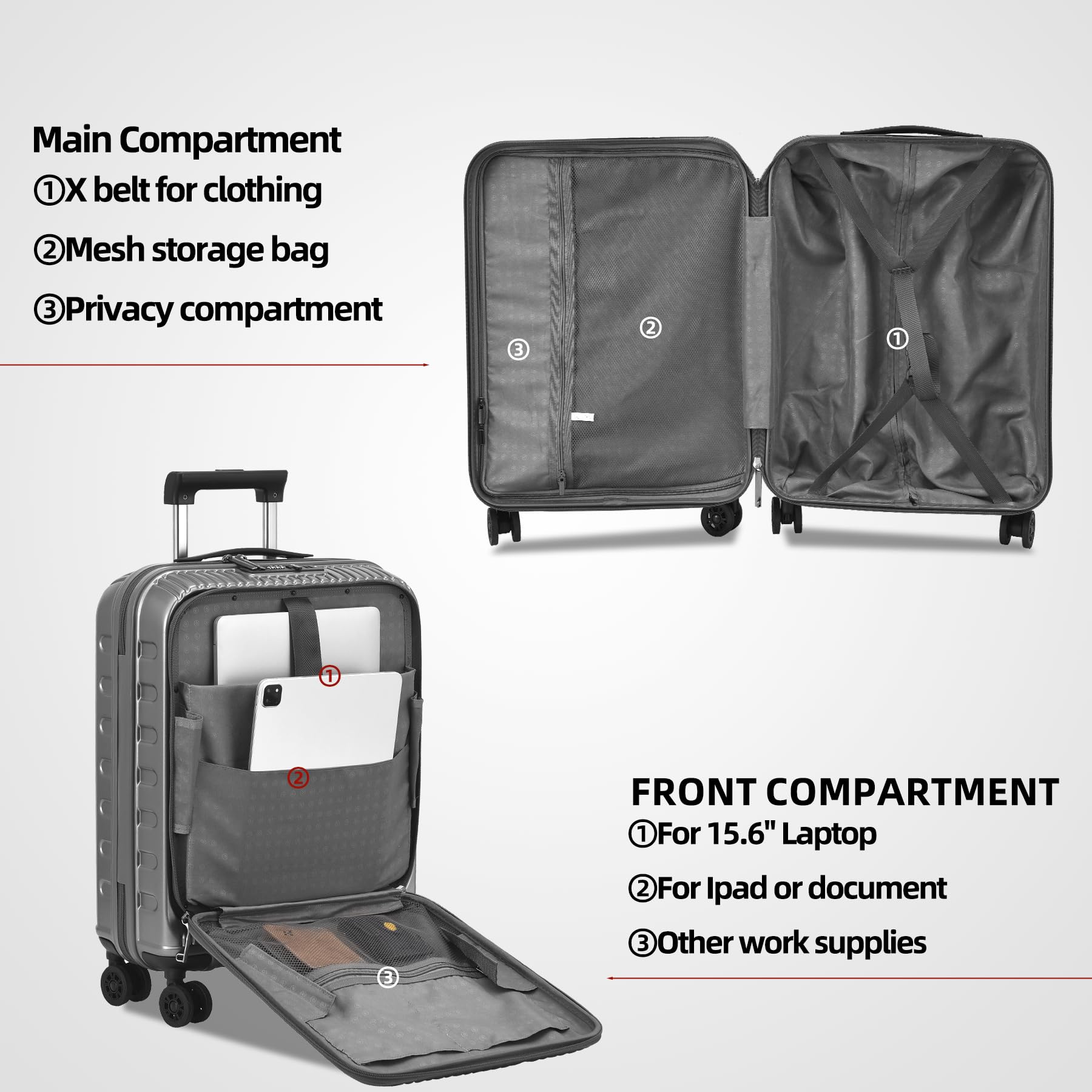 20 Inch Lightweight ABS+PC Hardshell Carry On Luggage with Front Pocket for 15.6