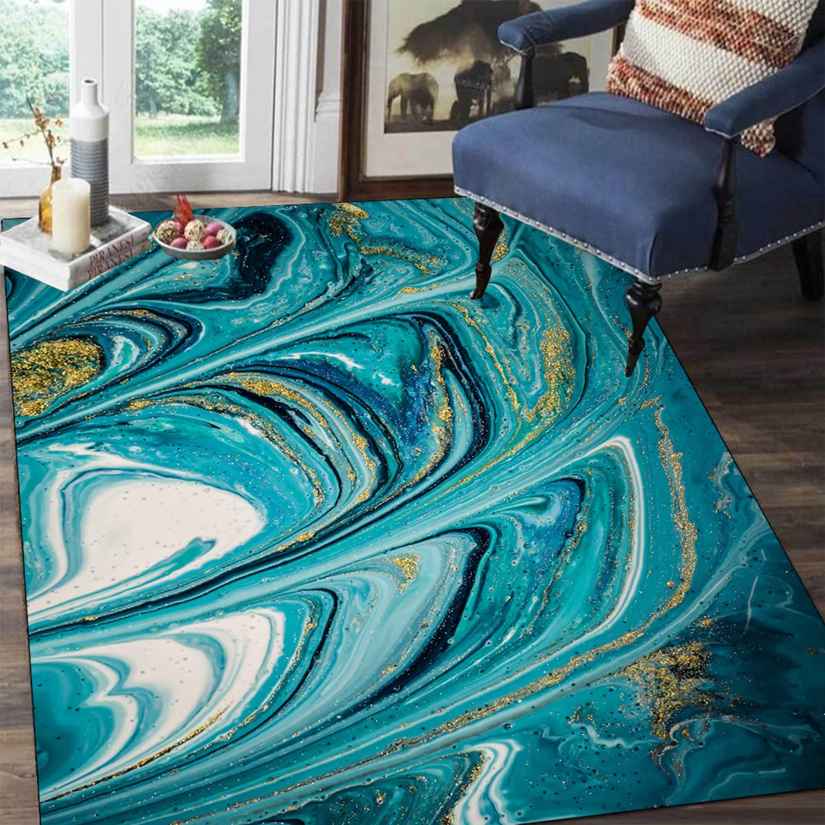 5x7 Turquoise Gold Ocean Waves Abstract Area Rug - Modern Washable Soft Carpet for Living Room, Bedroom, Dining Table, Home Office, Kitchen & Laundry | Coastal Decor, Boho Chic Interior Design