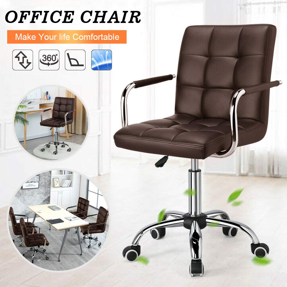 Modern Mid-Back Ribbed PU Leather Office Chair - Adjustable Executive Desk Chair with Wheels & Armrests for Home, Office, Kitchen Counter or Bar Use (Brown) - Ergonomic Computer Chair for Comfortable Working & Studying