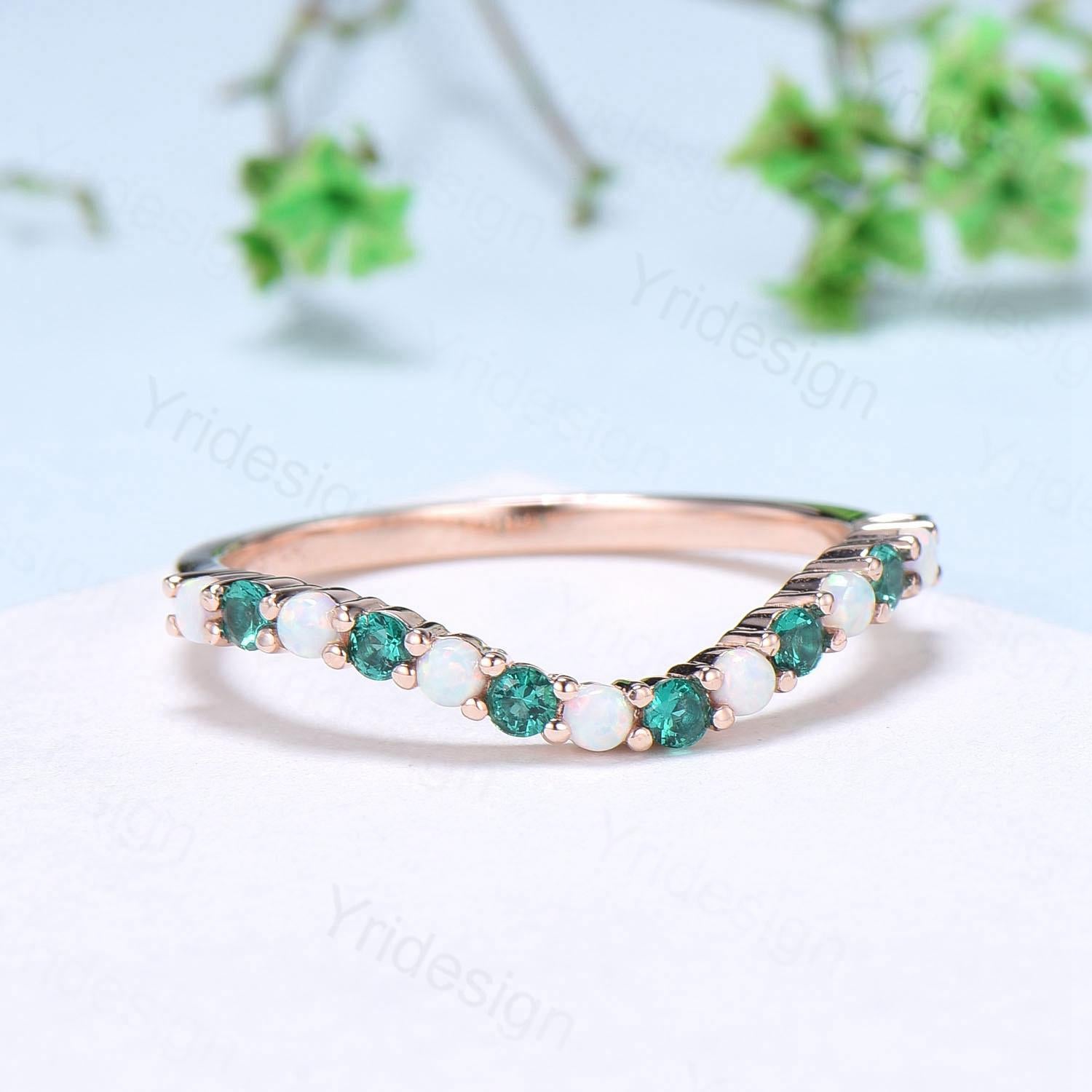 Curved Opal Wedding Ring - Half Eternity Opal & Emerald Wedding Band in Sterling Silver or 14K Rose Gold - Hexagon Cut Anniversary Stacking Ring for Bridal Jewelry & Special Occasions