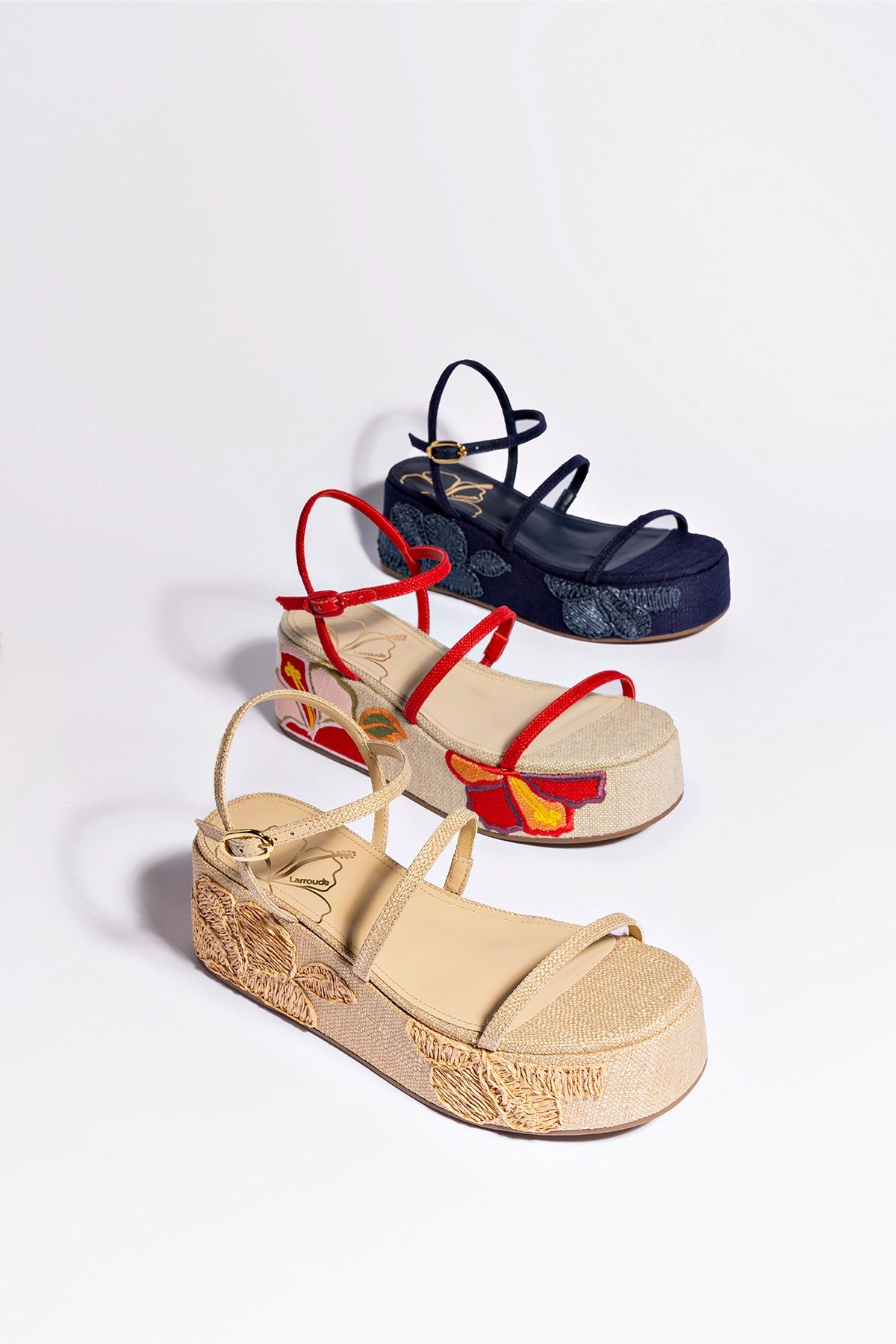 Gio Women's Flatform Sandals in Navy Blue Raffia with Hibiscus Embroidery - Perfect for Beach Vacations, Summer Weddings & Boho Fashion