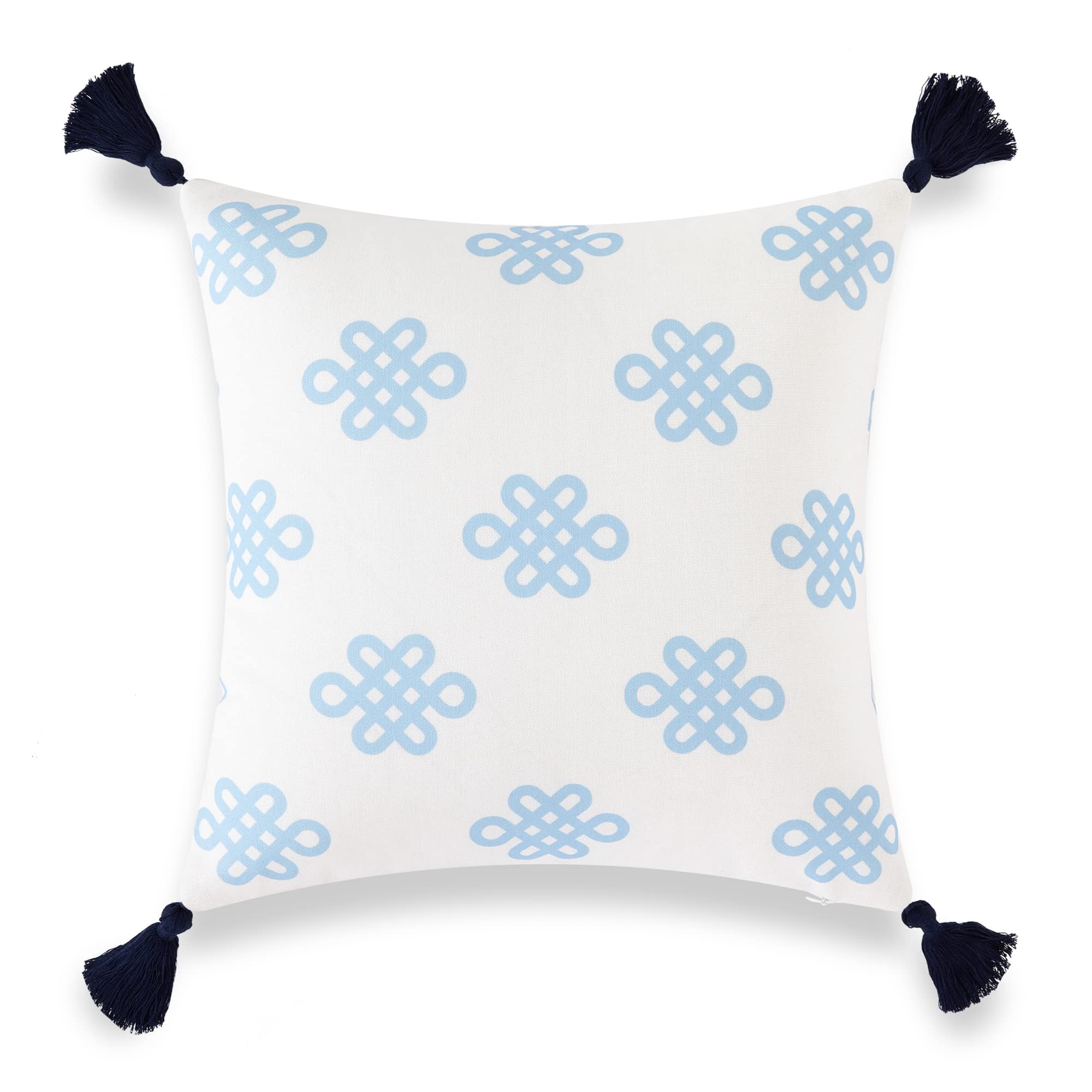 Blue Greek Key Knot Tassel Pillow Cover 18x18 - Coastal Style Indoor Outdoor Decorative Cushion for Patio, Sofa & Bedroom Decor
