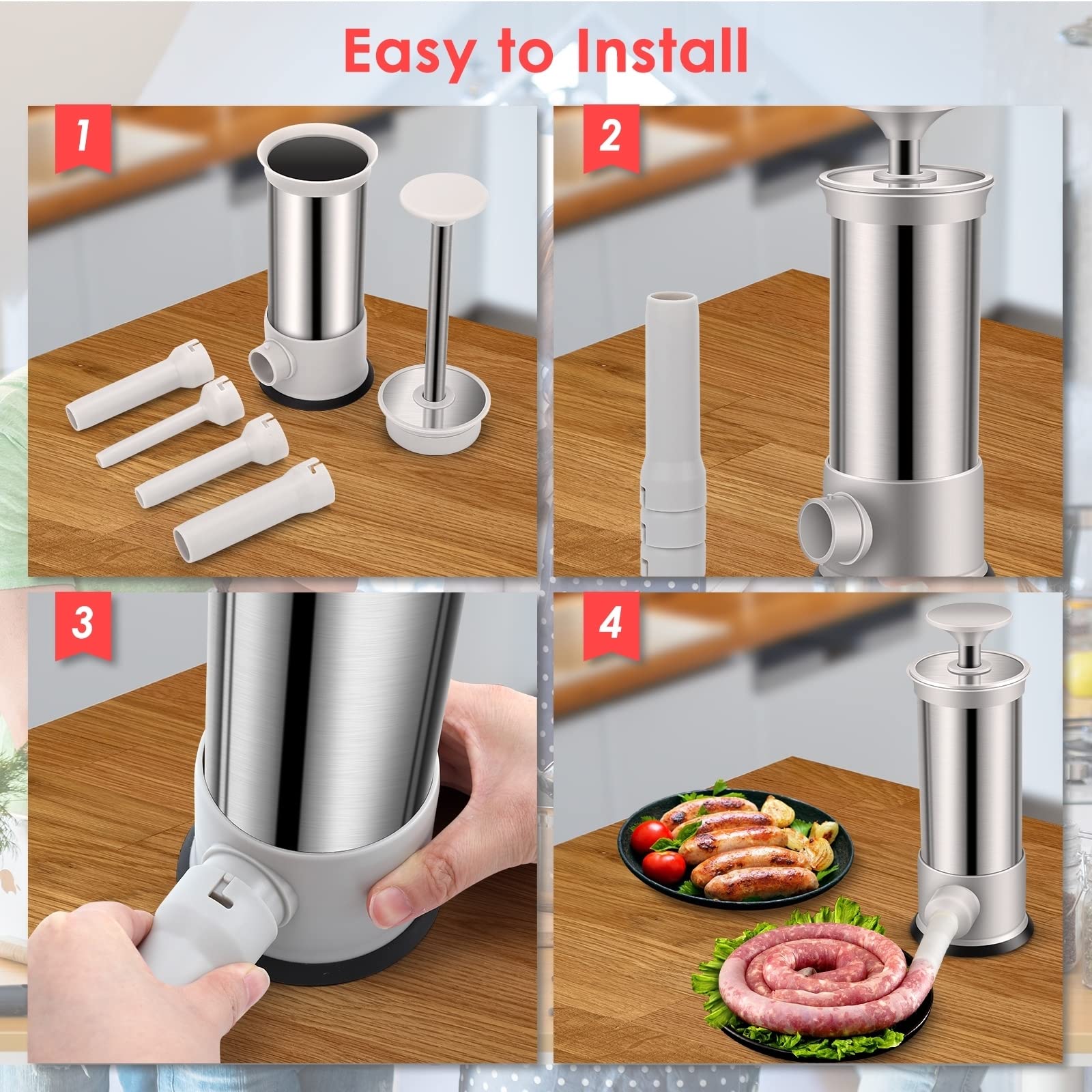 Stainless Steel Vertical Sausage Stuffer & Sausage Maker with 4 Stuffing Tubes - 2.2LB Manual Sausage Stuffer Machine for Home Kitchen, Butcher Shop & Sausage Making Enthusiasts