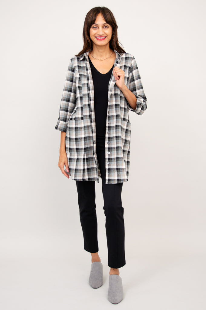 Larissa Tunic Top - Black Retro Plaid Cotton Flannel Shirt for Women | Vintage Style Fall Winter Fashion | Perfect for Casual Outfits, Office Wear & Holiday Parties