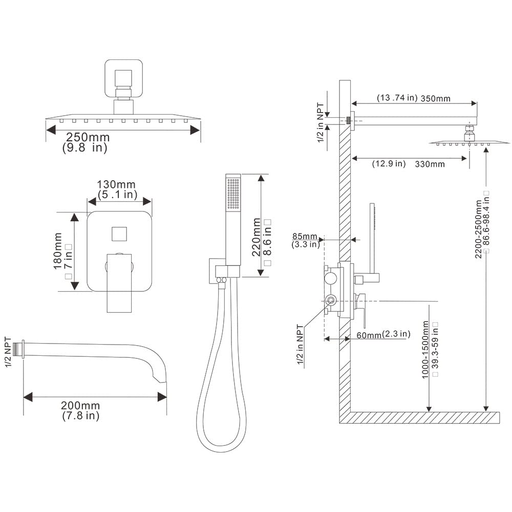 Brushed Nickel Shower System with Tub Spout - Wall Mounted Tub Shower Faucet Set for Bathroom - High Pressure 10