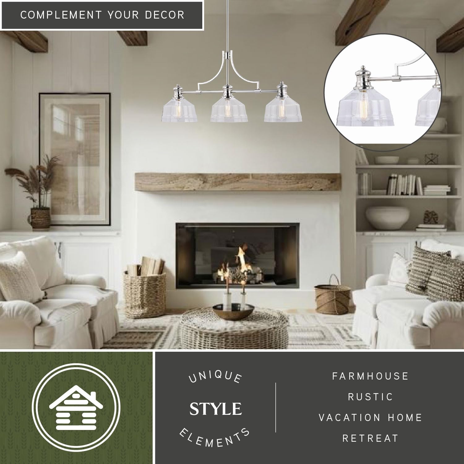 VAXCEL Beloit 3-Light Nickel Farmhouse Linear Chandelier - Clear Glass Island Pendant Light Fixture for Kitchen, Dining Room & Modern Farmhouse Decor
