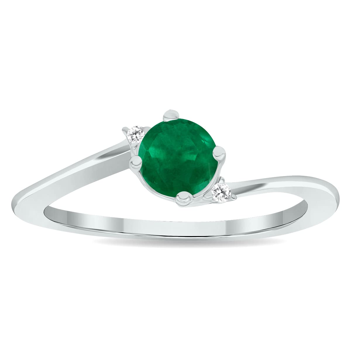 10K White Gold Women's Emerald and Diamond Wave Ring - Elegant Jewelry for Weddings, Anniversaries & Special Occasions