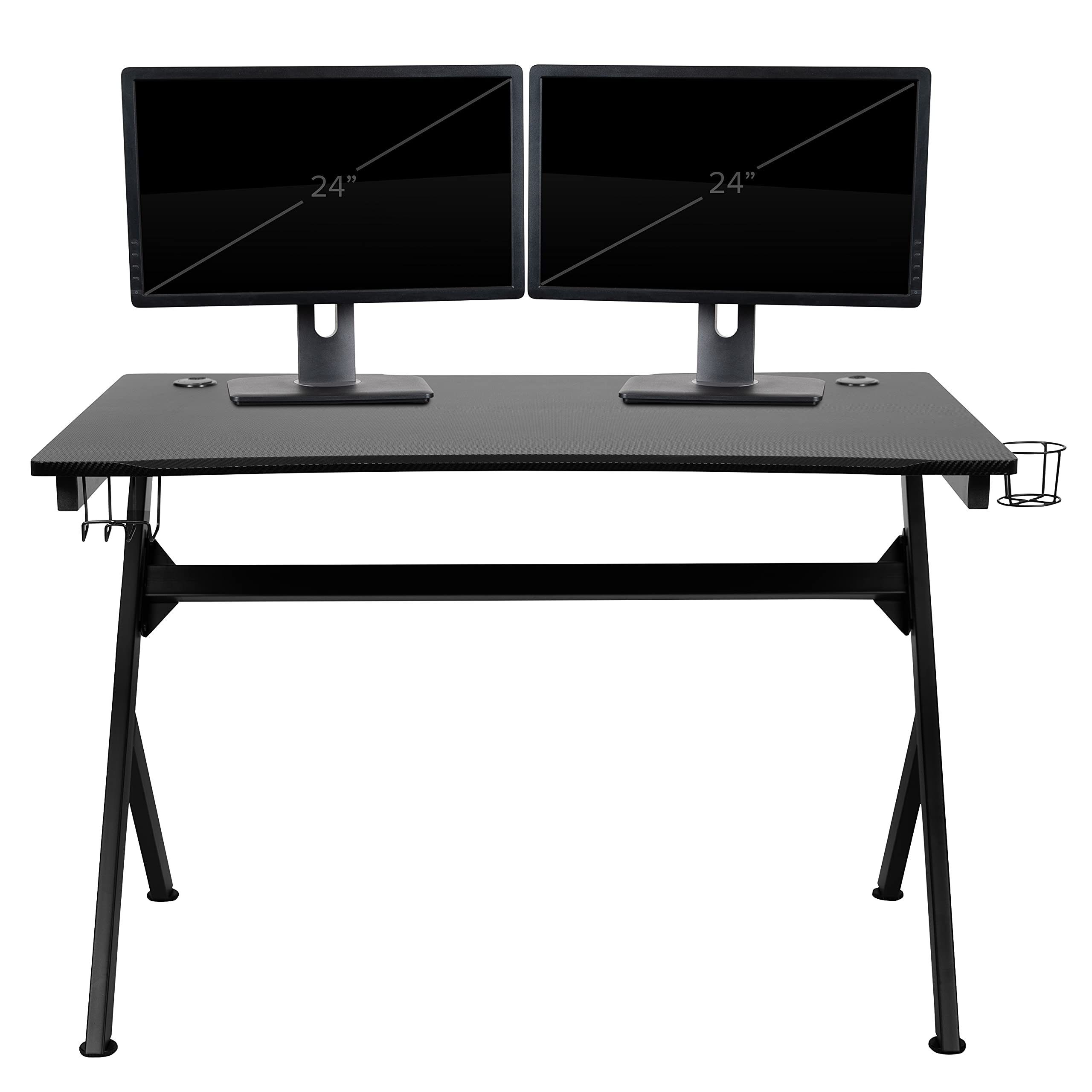 Black Gaming Desk and Blue/Black Ergonomic Gaming Chair Set with Cup Holder, Headphone Hook & Cable Management - Perfect for PC Gaming, Streaming & Home Office Setup