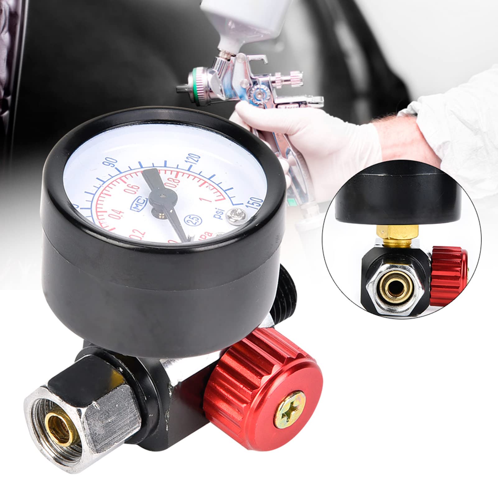 1/4 Inch HVLP Spray Gun Air Regulator - Professional Pressure Control Adjustable Gauge for Air Compressor Accessories - Perfect for Automotive Painting, Wood Finishing & DIY Projects