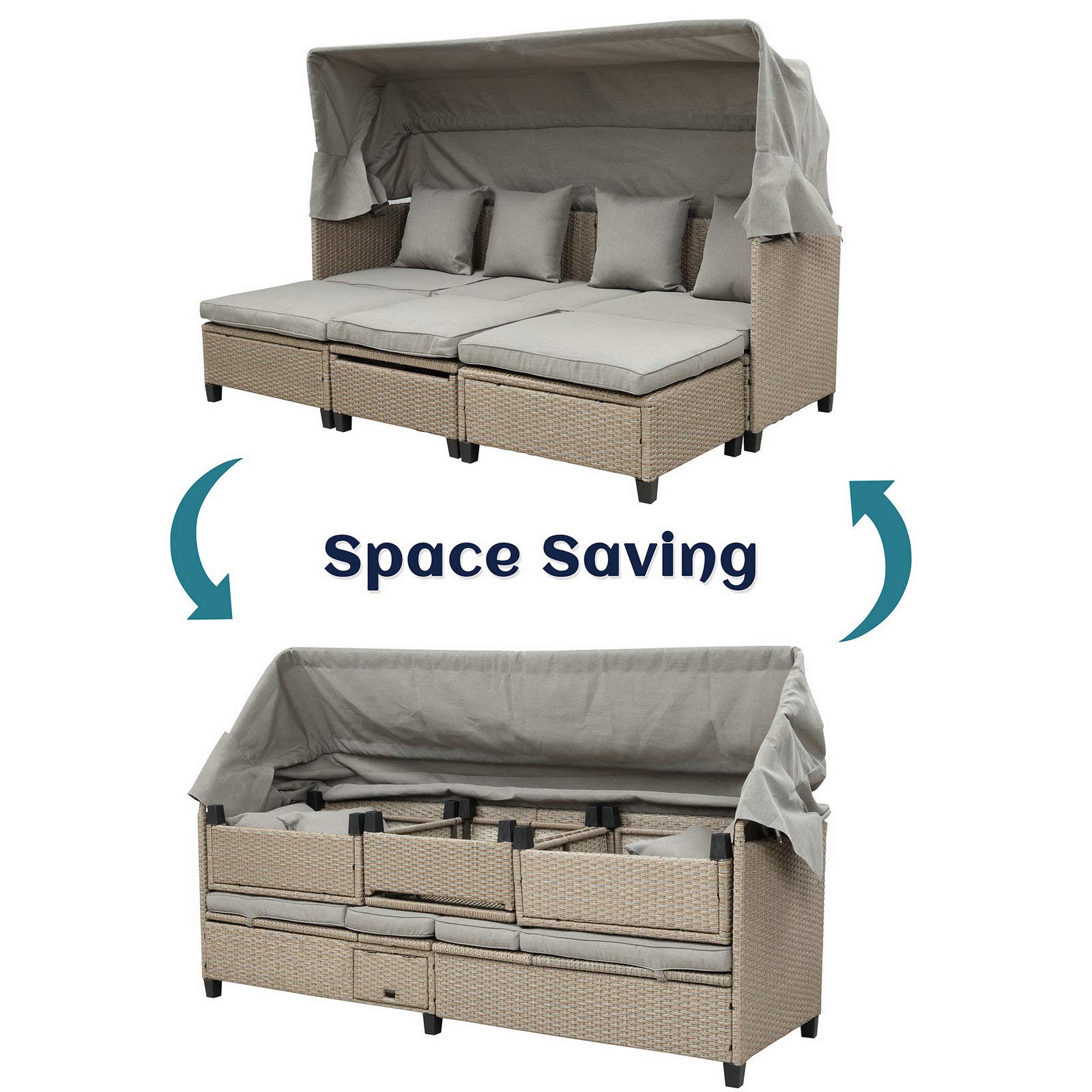 4-Piece Outdoor Patio Furniture Set with Retractable Canopy - All-Weather Wicker Sofa Set with Soft Cushions & Lift-Top Coffee Table - Perfect for Garden, Backyard, Poolside & Deck Relaxation (Brown)