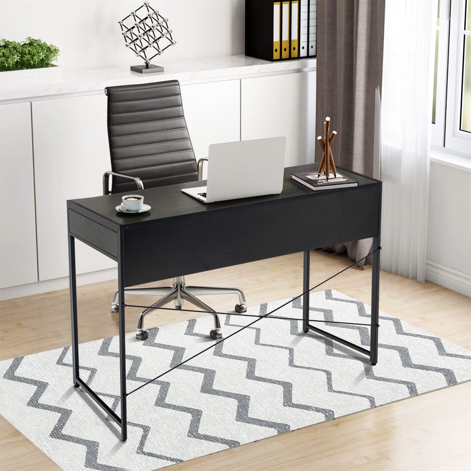 GOFLAME 44 Inch Computer Desk with 2 Storage Drawers - Sturdy Steel Frame Home Office Desk, Study Writing Workstation & Makeup Vanity Table for Living Room, Bedroom & Home Office - Perfect for Remote Work, Online Classes & Small Space Organization (Black)