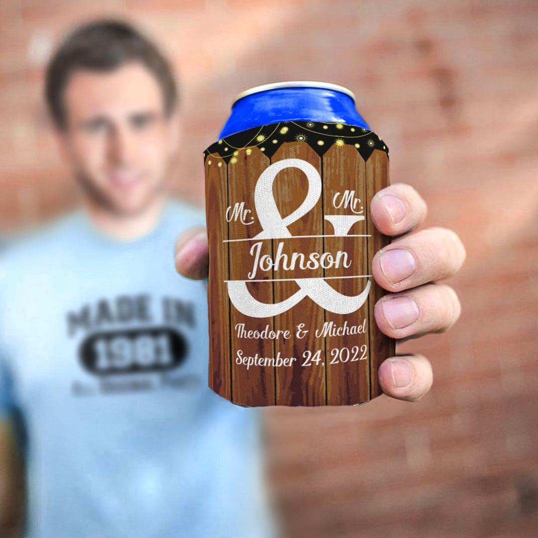 Personalized Mr & Mr Wedding Drink Coolers - 48-Pack Custom Can Insulators with Names & Date - Perfect for Gay Wedding Decorations, Bachelor Parties & Pride Celebrations