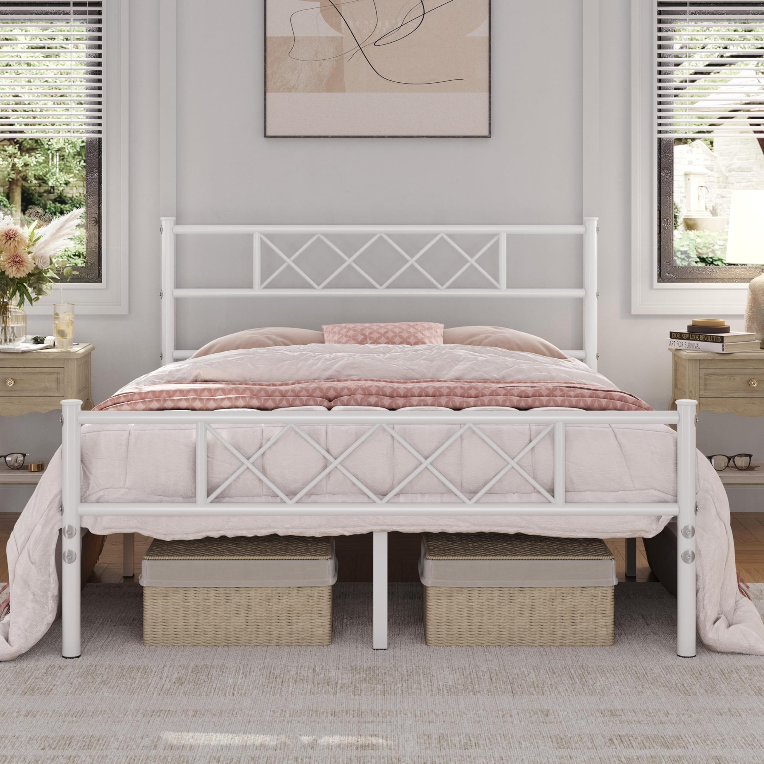 Topeakmart White Metal Queen Bed Frame with Headboard & Footboard - Sturdy Platform Bed with Slat Support & Under Bed Storage - Perfect for Master Bedroom, Guest Room, or Small Space