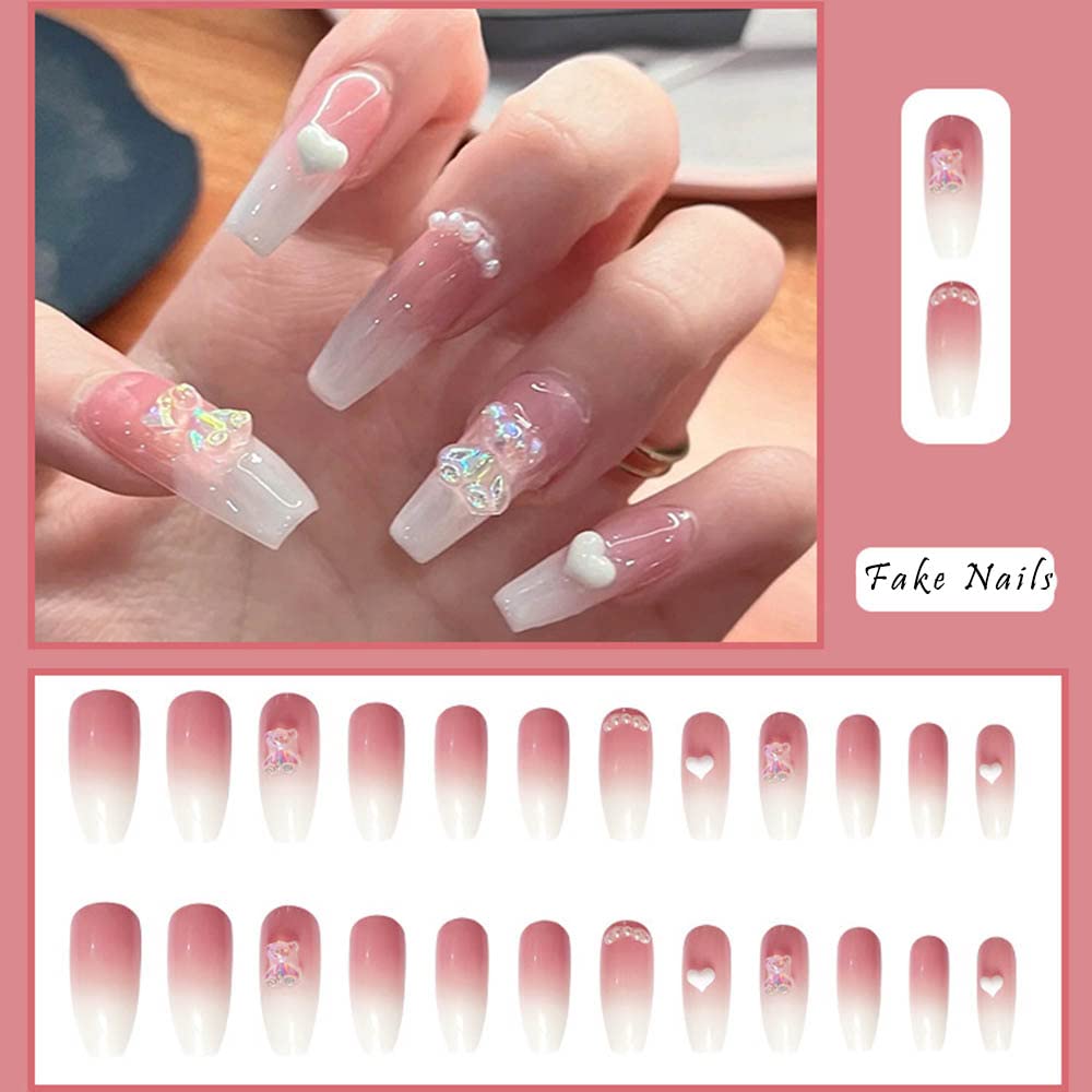 SINLOV 24pcs Coffin Fake Nails - Nude Pink Gradient Press on False Nails, Long Ballerina Artificial Nails, Full Cover Nail Tips for Women & Girls | Perfect for Parties, Weddings, and Special Occasions (Pink 3)