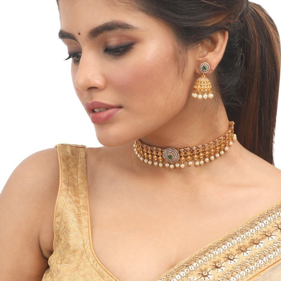Antique Gold Plated Neera Choker Earrings Set for Women - Vintage Boho Jewelry for Parties, Weddings & Special Occasions