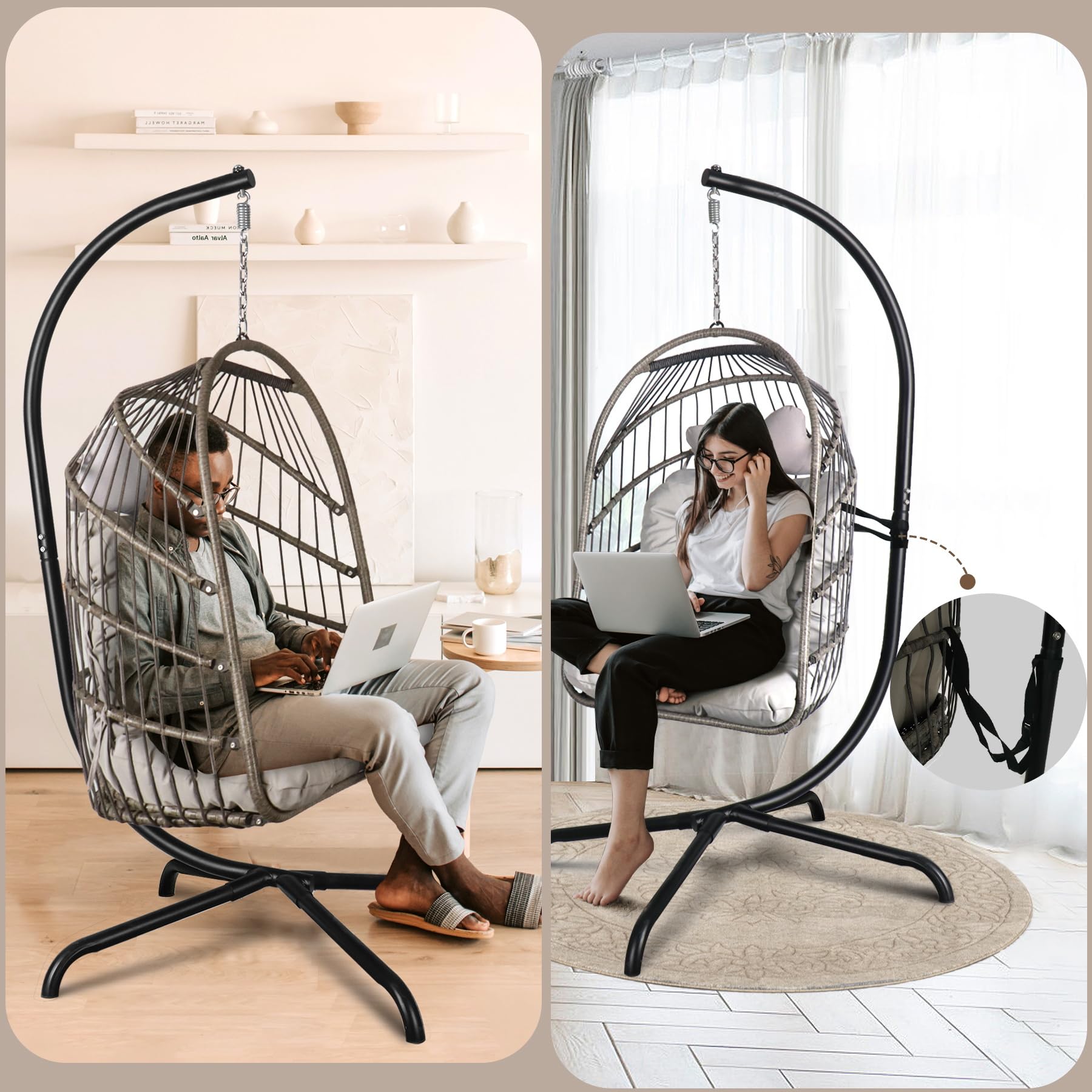 Chihee Foldable Wicker Rattan Swing Egg Chair with Stand & Cushion - 330 lbs Capacity Indoor/Outdoor Hanging Chair for Patio, Balcony, Porch, Bedroom & Garden - Perfect for Relaxing, Lounging & Reading