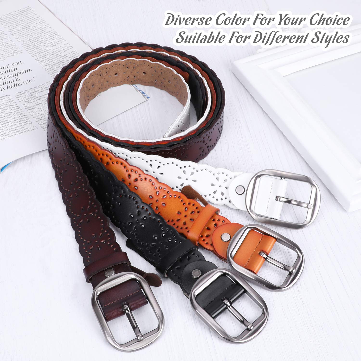 JASGOG Women's Hollow Flower Genuine Leather Belt - Stylish Wide Waist Belt for Jeans & Pants | Perfect for Casual Outfits, Office Wear & Everyday Fashion Accessories