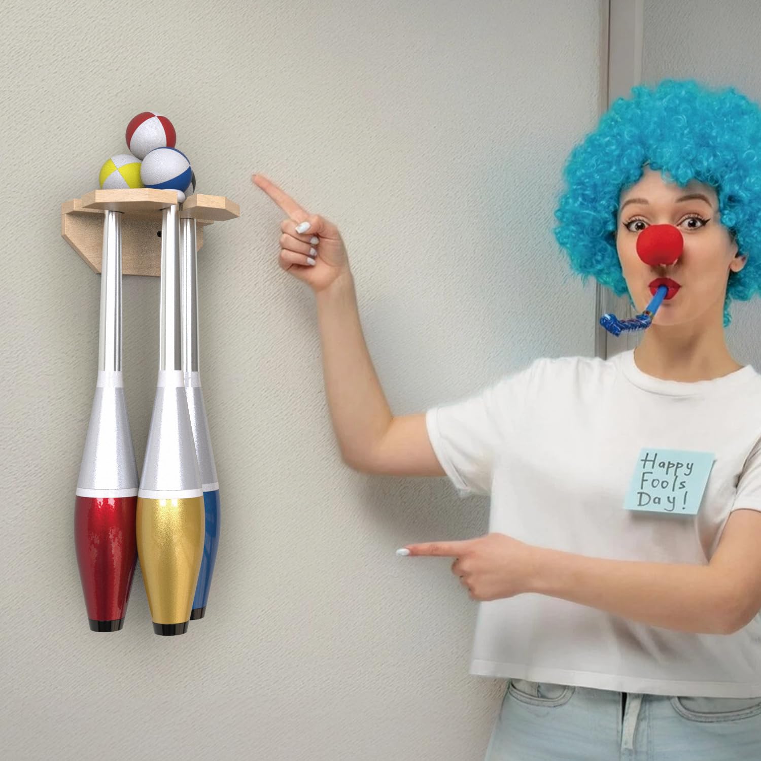 Wall Mounted Wooden Juggling Clubs & Balls Holder - Organizer for 3 Juggling Clubs - Perfect for Circus Performers, Practice Rooms & Home Storage