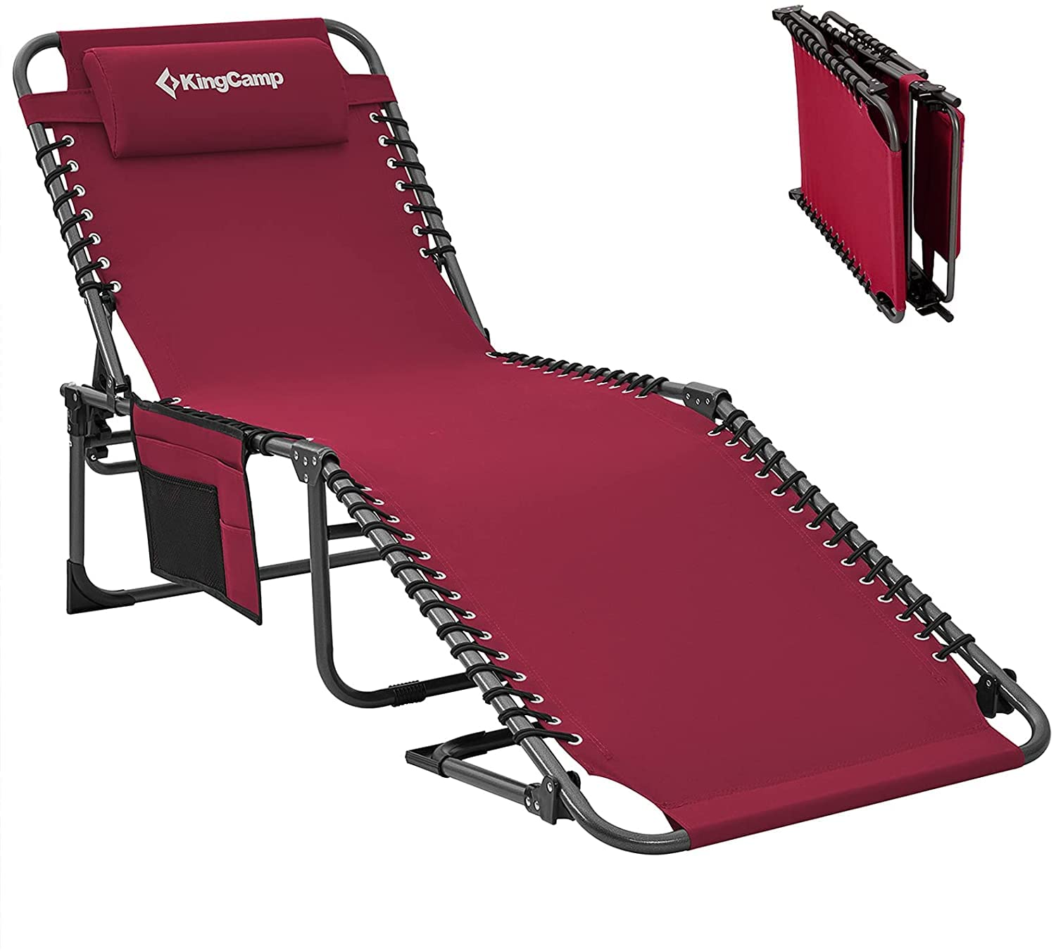 KingCamp Folding Chaise Lounge Chair - Heavy Duty Adjustable Outdoor Sun Chair for Camping, Beach, Pool & Patio - Lightweight Portable with Pillow - Perfect for Relaxing in Garden, Lawn or Backyard