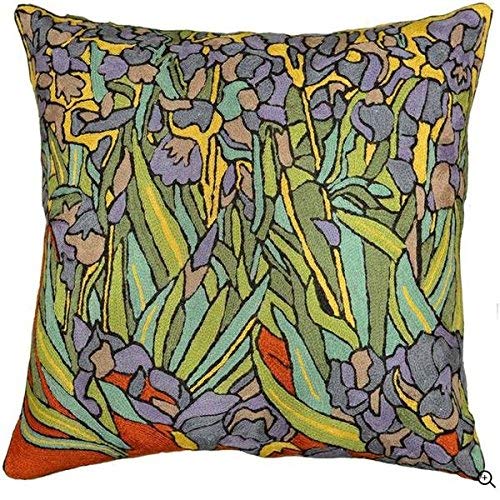 Van Gogh Irises Pillow Cover - 18x18 Inch Hand Embroidered Wool Floral Cushion Case | Botanical Needlepoint Flower Design for Sofa, Chair & Outdoor Decor | Home Accent Throw Pillow for Living Room, Bedroom & Garden