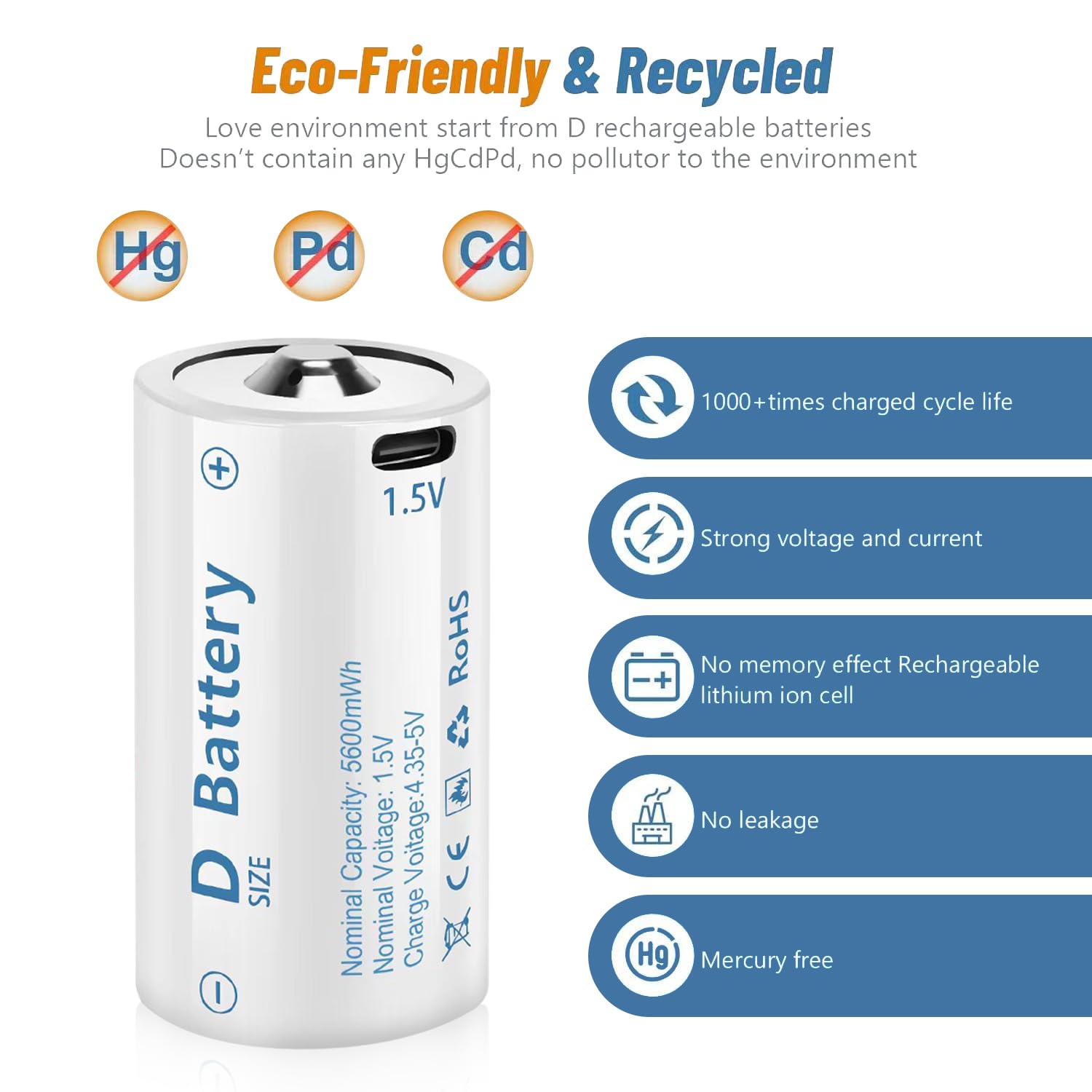 4 Pack D Cell Lithium Batteries 5600mWh - USB-C Rechargeable D Batteries with 4-in-1 Charging Cable - 1.5V Long Lasting D Cell Battery for Flashlights, Toys, Floodlights & Emergency Power Supply