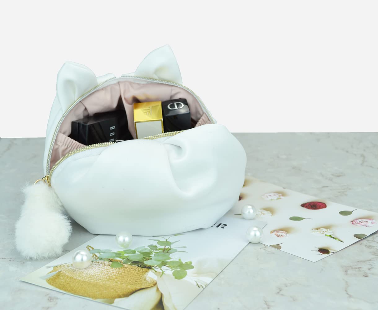 **Cat Shaped Makeup Bag for Women - Small Cosmetic Pouch & Travel Toiletry Organizer - Cute Cat Design Gift for Girls (White) - Perfect for Travel, Gym, and Daily Makeup Storage**