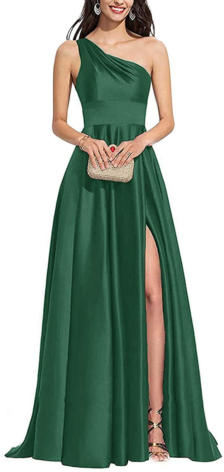 Elegant One Shoulder V-Neck Satin Bridesmaid Dress with High Slit - Women's Formal Evening Gown for Weddings, Prom & Special Occasions