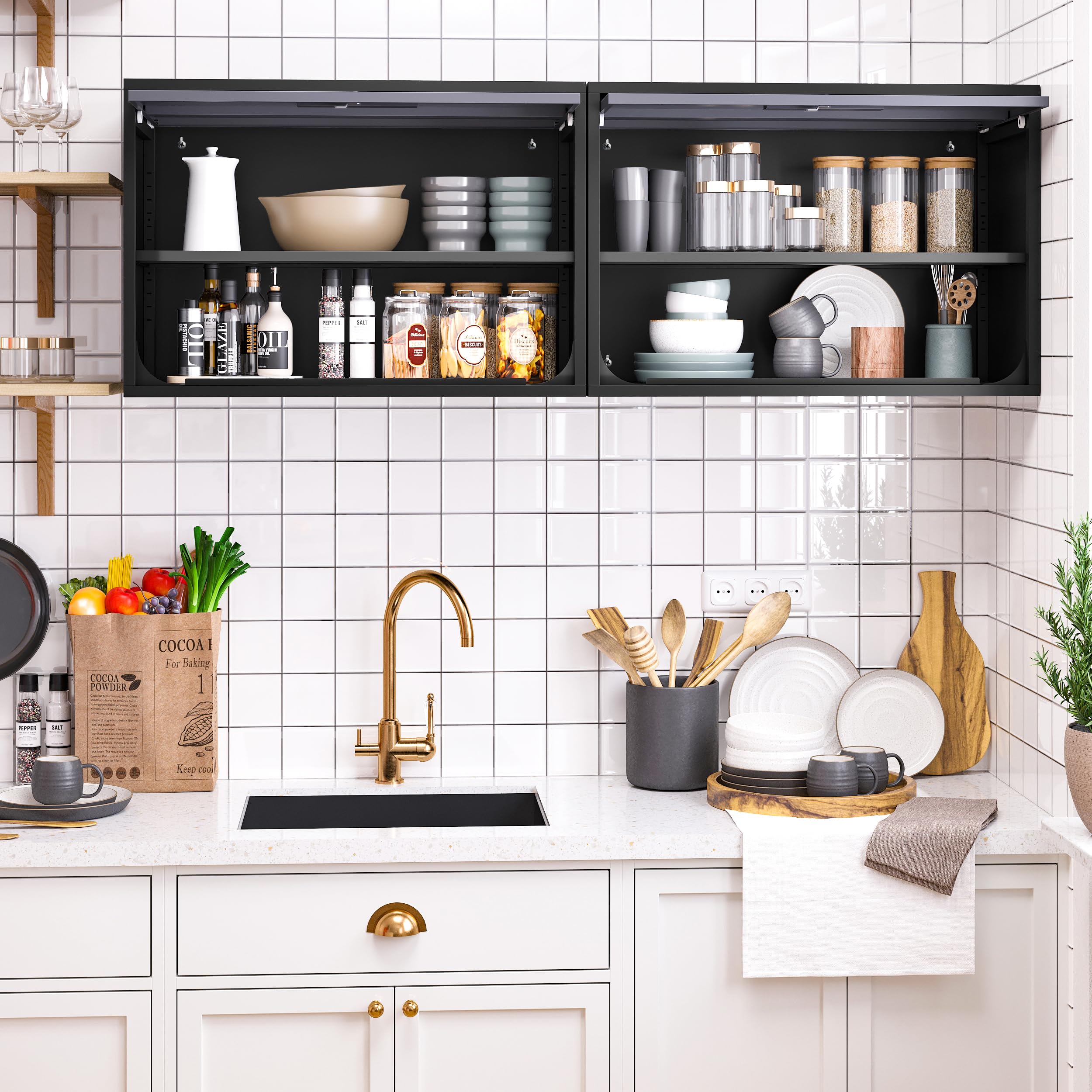 Metal Wall Storage Cabinet with Lock - 2 Shelving Garage Storage Cabinet with Flip-Up Door - Hanging Garage Cabinet for Kitchen, Home & Workshop - Easy Assembly (Black Gray, 21.6''H) - Perfect for Organizing Tools, Pantry Items & Garage Supplies