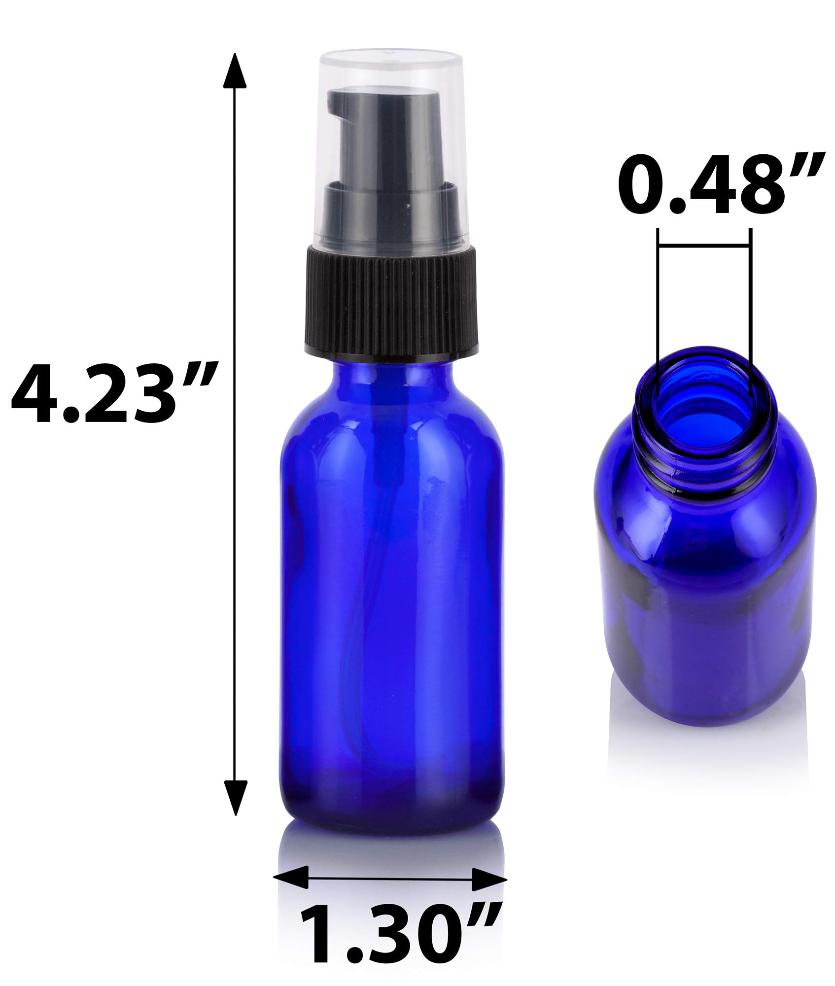 JUVITUS 12 Pack 1 oz Cobalt Blue Glass Boston Round Bottles with Black Treatment Pump & Funnel - Essential Oil, Lotion, and DIY Beauty Supplies Storage - Perfect for Home, Salon, and Travel Use