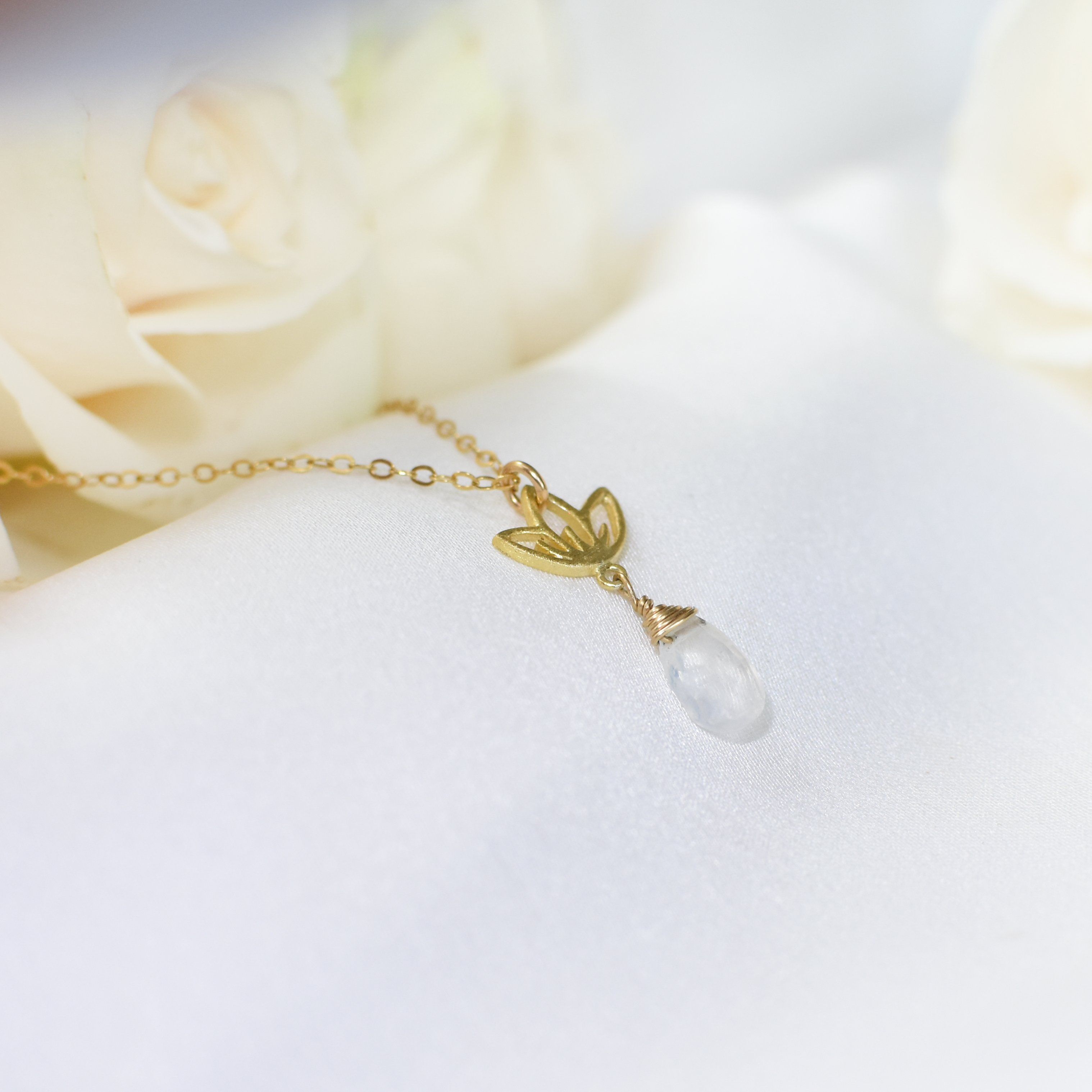 Rainbow Moonstone Necklace with Drop Lotus Charm - 14K Gold Filled Jewelry for Women, Elegant Boho Pendant Necklace for Everyday Wear & Special Occasions