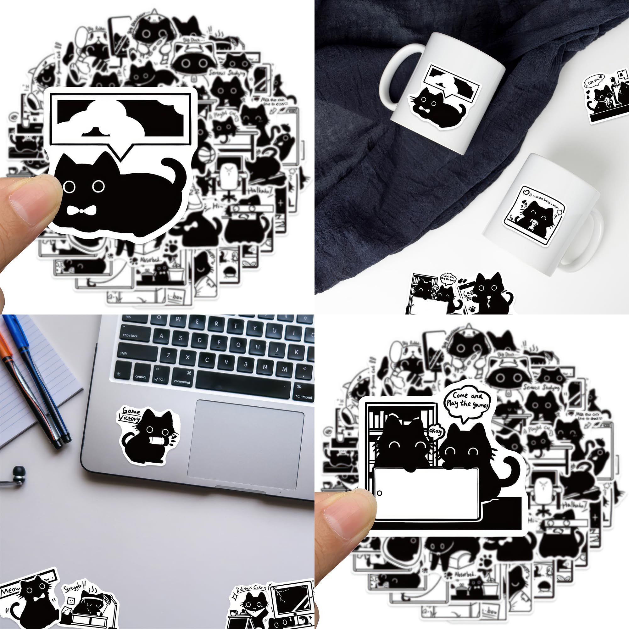 50 Pcs Cute Black Cat Meme Stickers - Waterproof Aesthetic Vinyl Decals for Water Bottles, Laptops, Cars & Planners | Fun Kitten Stickers for Teens, Girls & Kids | Perfect for Bedroom Windows, DIY Crafts & School Supplies