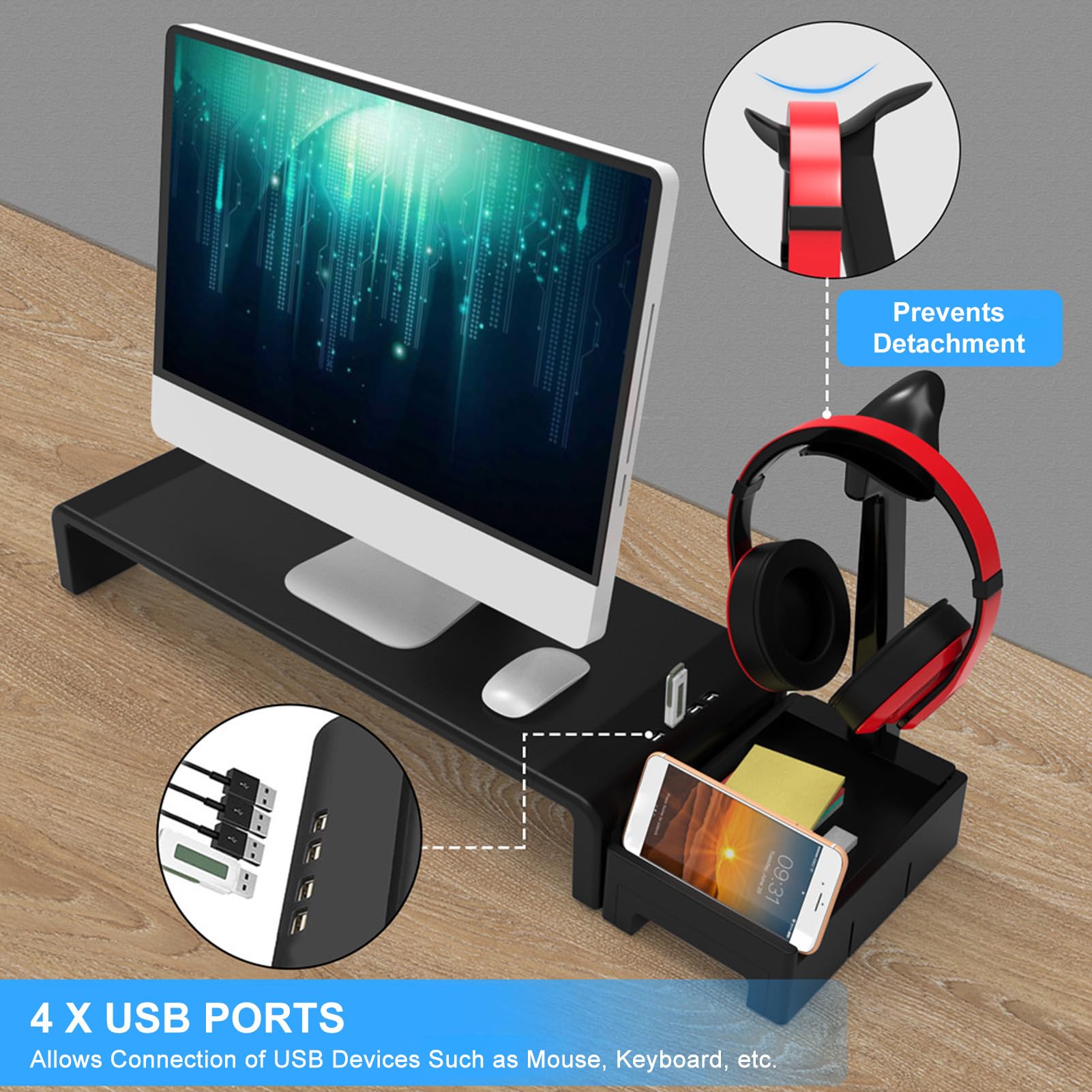 HERCHR Black Monitor Stand Riser with Storage - Adjustable Computer Monitor Stand for Desk, Laptop Shelf Organizer - Perfect for Home Office, Gaming Setup & Workspace Organization