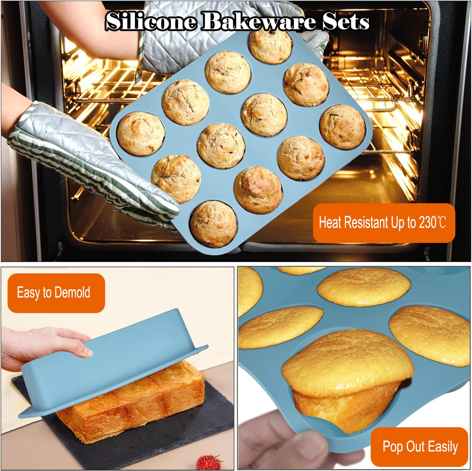 7-in-1 Non-Toxic Silicone Bakeware Set - BPA Free Round & Square Cake Pan, Loaf Pan, Muffin Tray for Oven Baking | Perfect for Bread, Pizza, Cheesecake, Cupcakes & Desserts | Ideal for Home Bakers, Holiday Cooking & Party Treats