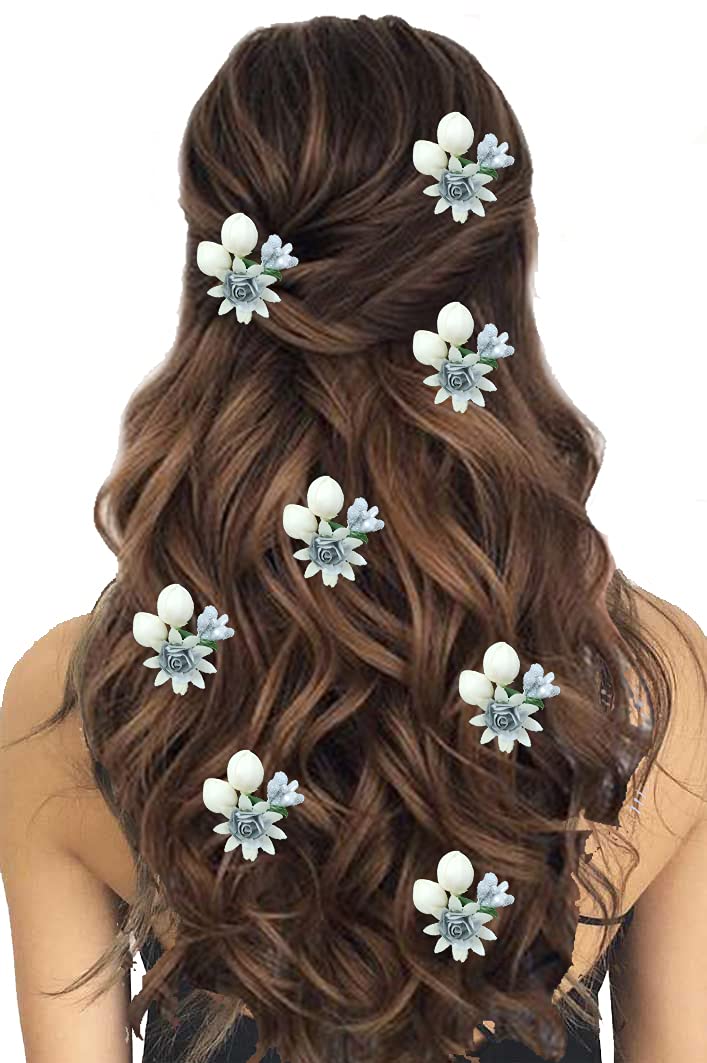 Artificial Small Rose Flower Hair Pins with Mogra - Bridal Wedding Hair Accessories for Women & Girls (Silver, Pack of 8) - Perfect for Weddings, Parties & Everyday Hairstyles