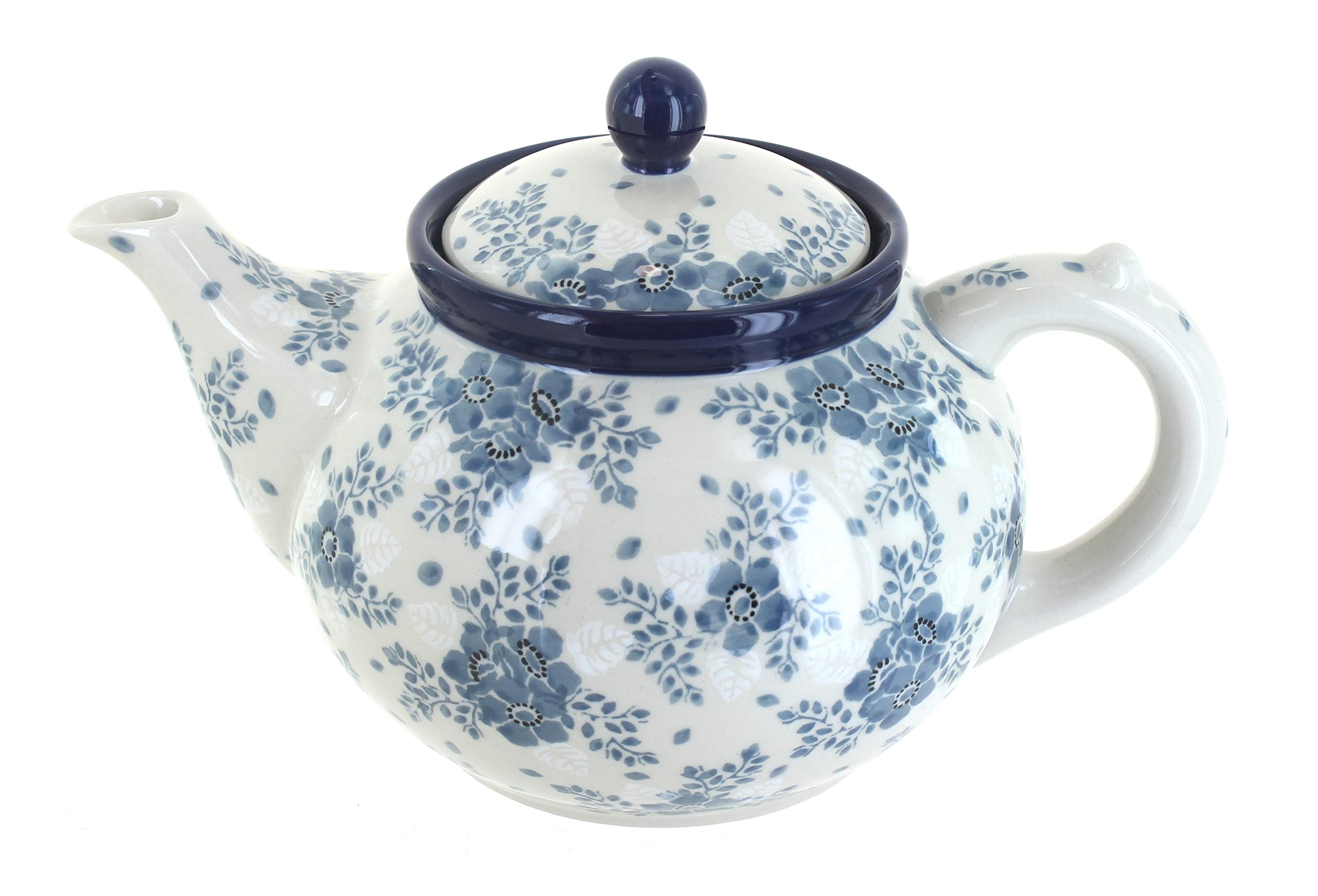 Handcrafted Blue Rose Polish Pottery Teapot - Medium Size Ceramic Teapot with Blue Fleur-de-lis Design | Perfect for Afternoon Tea, Gift Giving & Vintage Home Decor