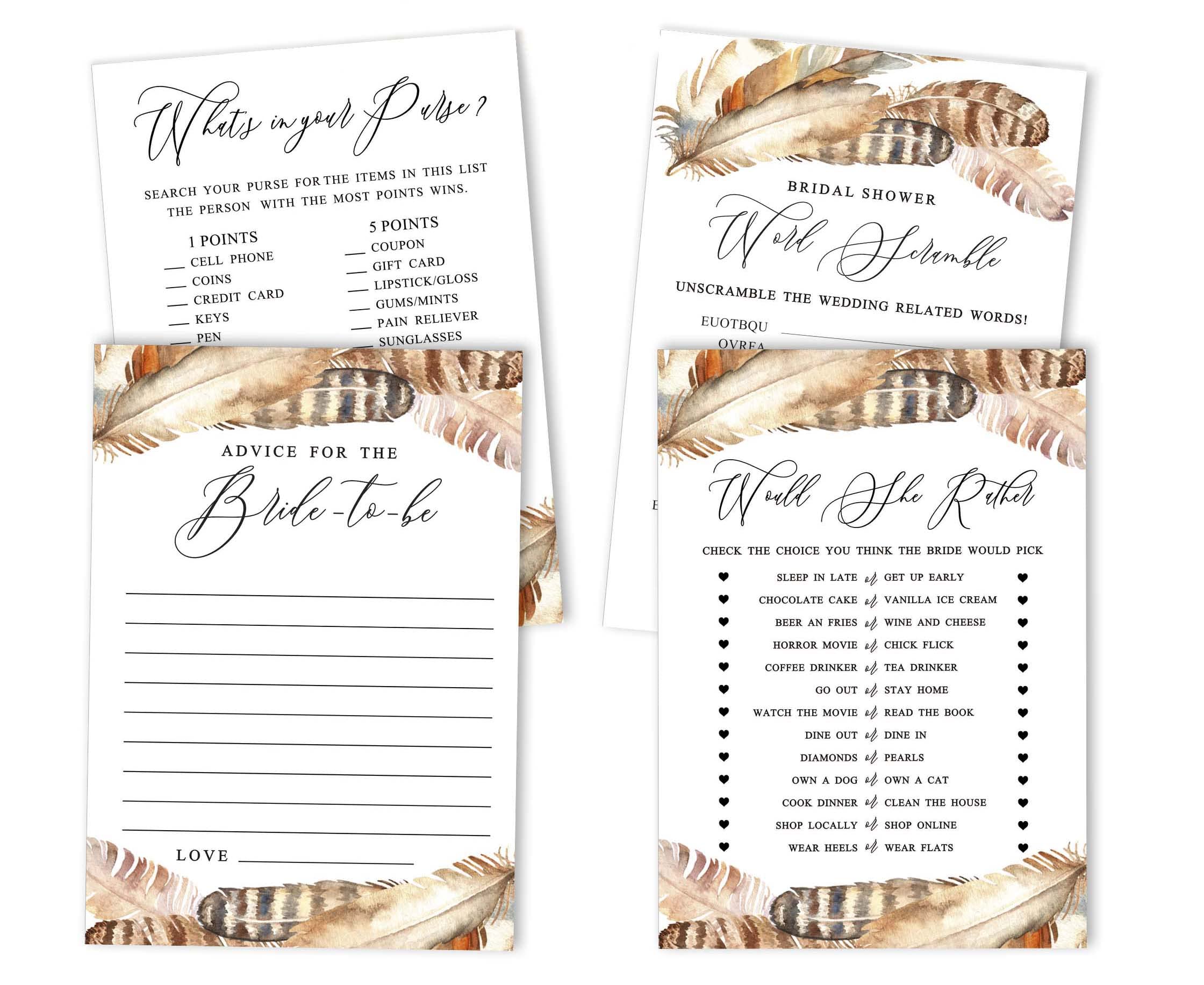 Bridal Shower Games Set of 4 (50 Sheets Each) - Fun Bachelorette Party Games Bundle with Feathers - Perfect for Wedding Showers, Girls' Night & Bachelorette Parties