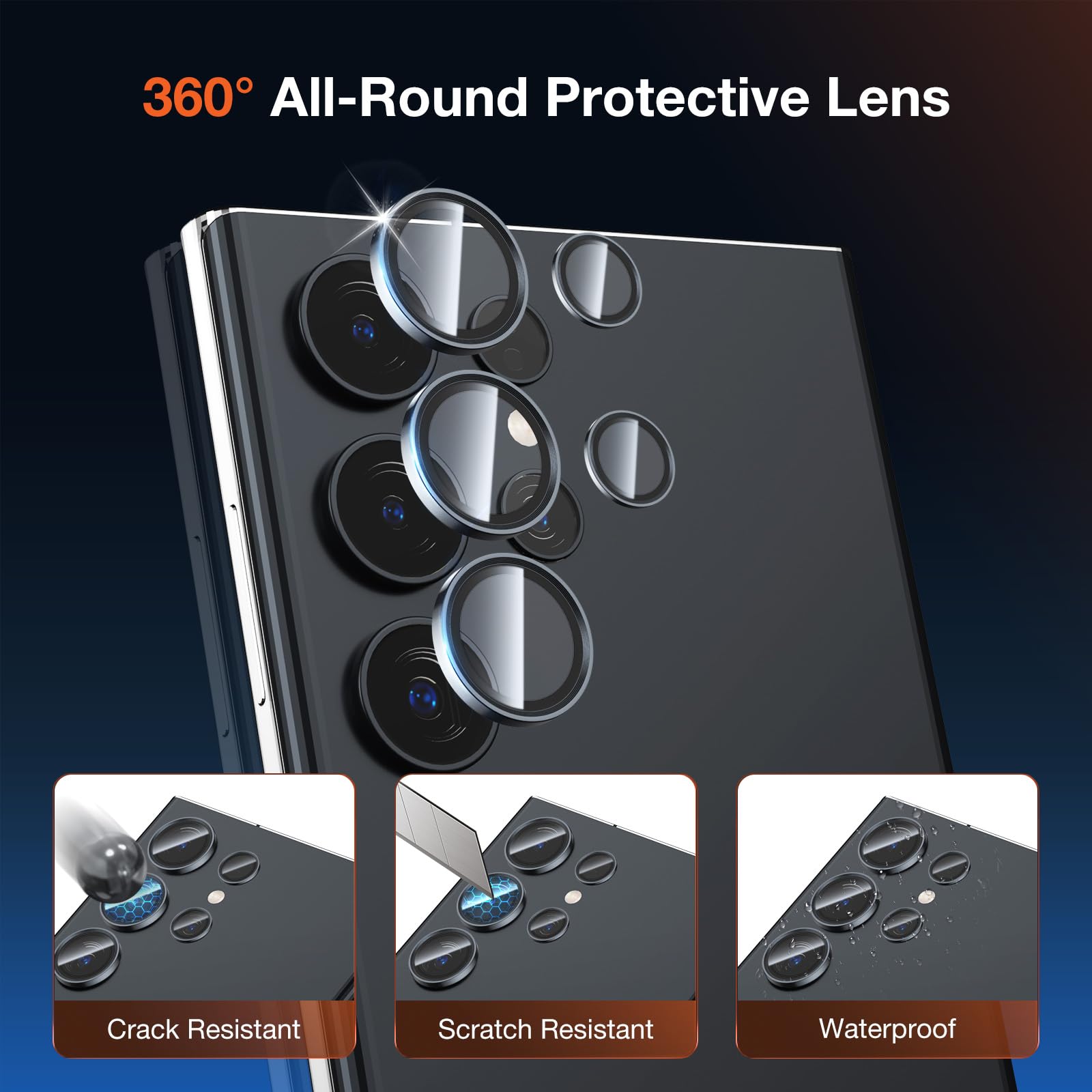 2-Pack 9H Hardness Auto-Alignment HD Camera Lens Protector for Samsung Galaxy S24 Ultra - Metal Ring Back Screen Cover Film, Scratch-Resistant Case-Friendly Accessories | Perfect for Outdoor Activities, Travel & Daily Protection