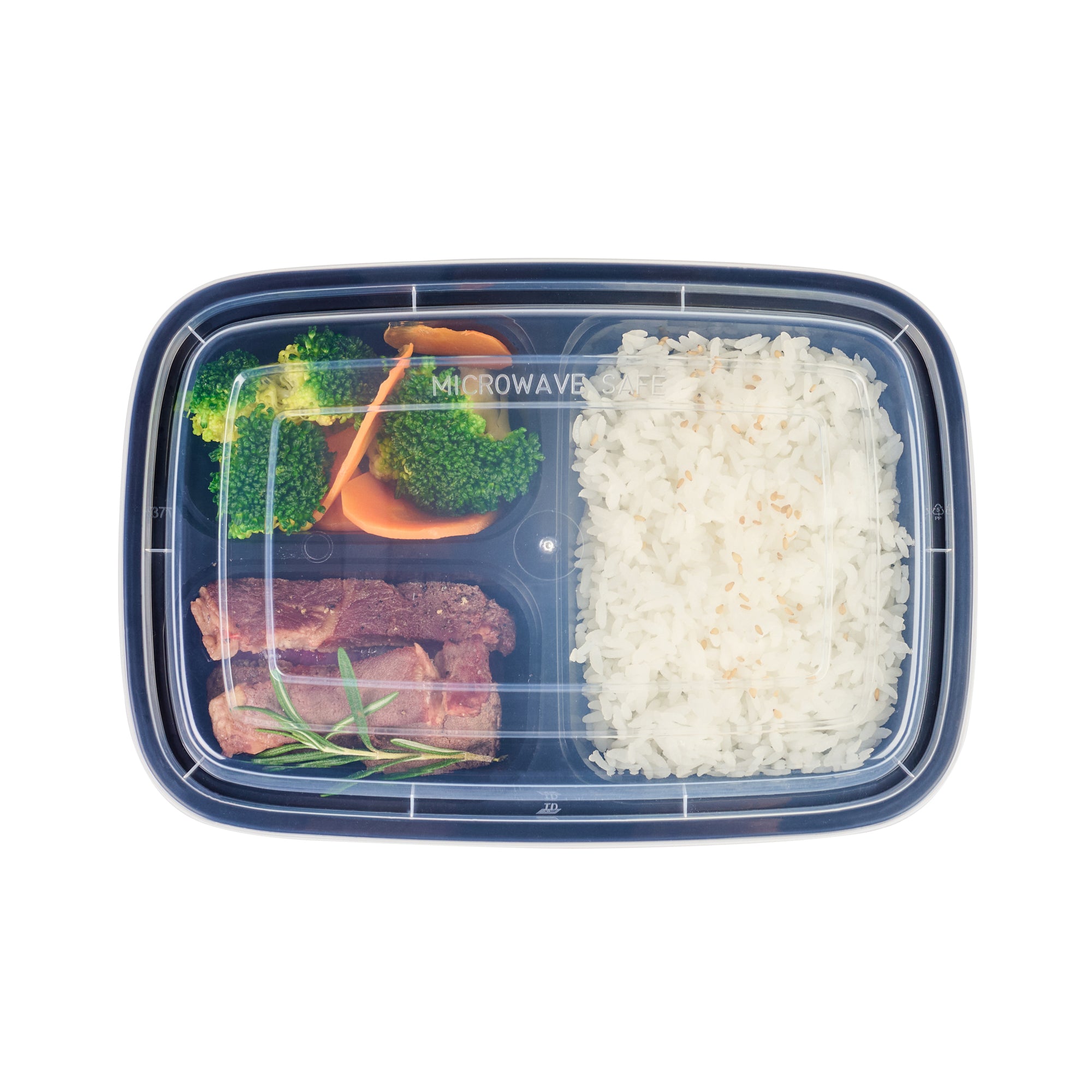 26 oz Black 3-Compartment Plastic Food Storage Containers with Clear Lids - Microwave Safe, 8.75