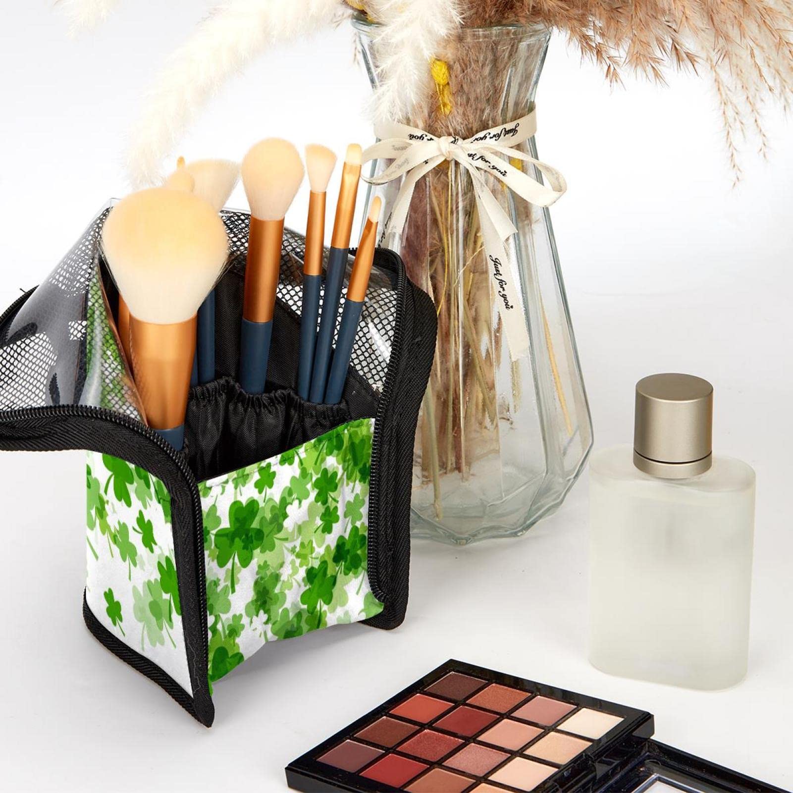12-Piece Makeup Brush Organizer Bag with Portable Holder Case - Perfect for Travel, Home & St. Patrick's Day Shamrock Themed Makeup Storage