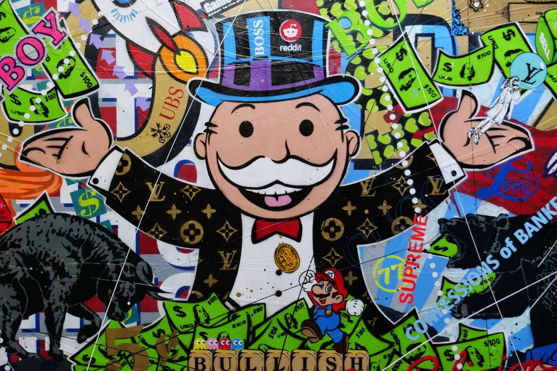 Monopoly Stock Picker 250cm x 150cm Textured Urban Pop Art Canvas - Modern Wall Decor for Living Room, Office & Game Room
