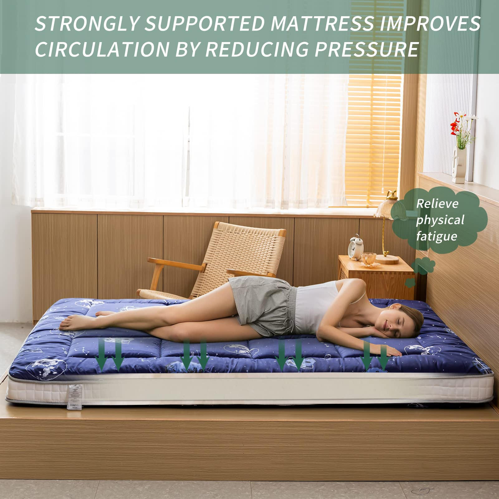 MAXYOYO Japanese Futon Mattress - Thick Padded Floor Mattress for Camping, Guest Bed & Couch | Portable Tatami Style Sleeping Mat for Indoor/Outdoor Use