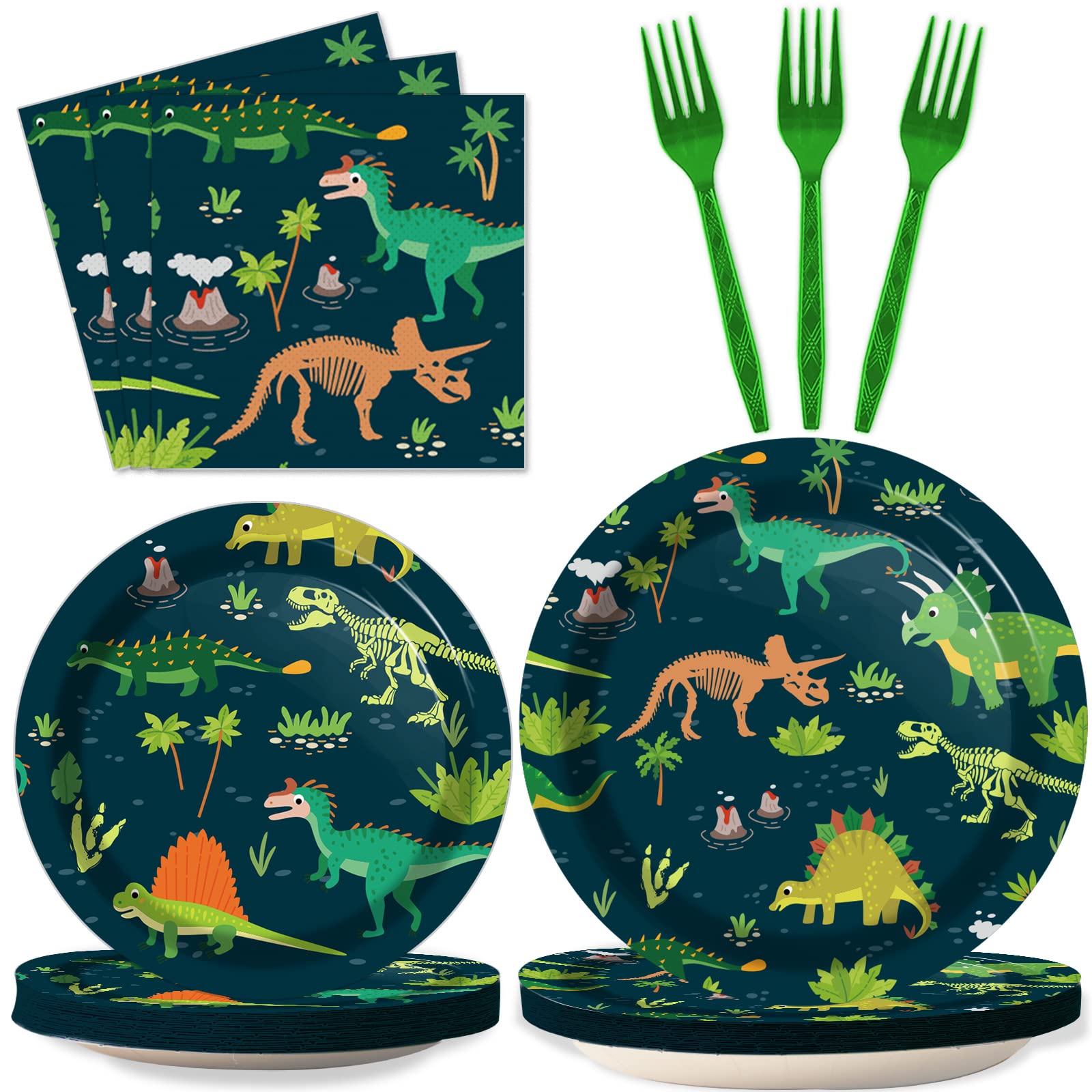 96-Piece Dinosaur Tableware Set - Disposable Dinosaur Plates, Forks & Napkins for Kids Birthday Party - Dino Theme Dinnerware for Boys Shower Decorations - Perfect for Jurassic World Themed Parties & Events (Serves 24 Guests)