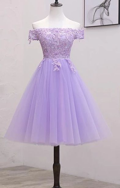 Light Purple Lace Tulle Homecoming Dress - Off Shoulder Short Party Dress J3865 | Prom, Cocktail, Sweet 16, Quinceañera, Formal Events
