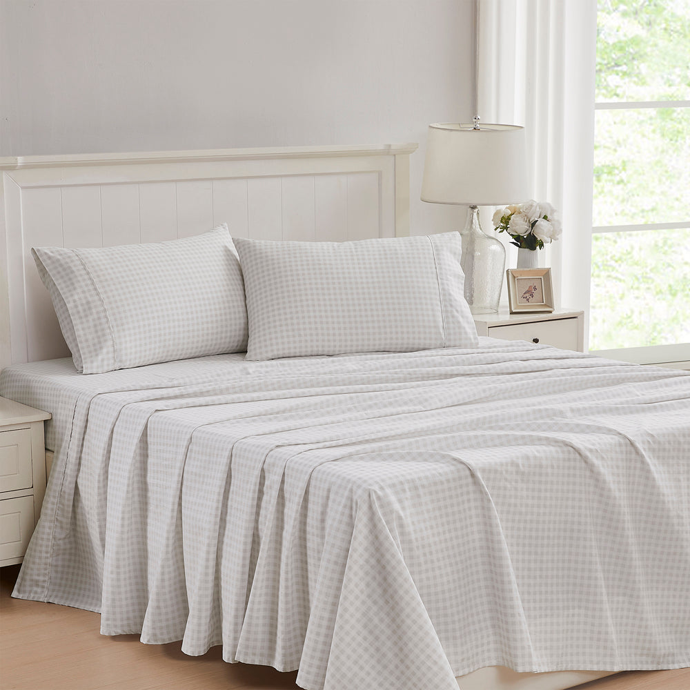Gingham Stone Queen Size Bed Sheet Set - Soft & Breathable Cotton Bedding for Comfortable Sleep - Perfect for Home, Hotel, and Guest Room Use