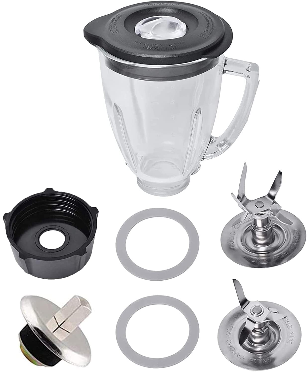Oster & Osterizer Blender Replacement 6 Cup Glass Jar with 4961, 4980 Ice Blade, 4902 Bottom Cap Base, Drive Coupling & Rubber Seal Rings - Perfect for Smoothies, Shakes & Food Prep
